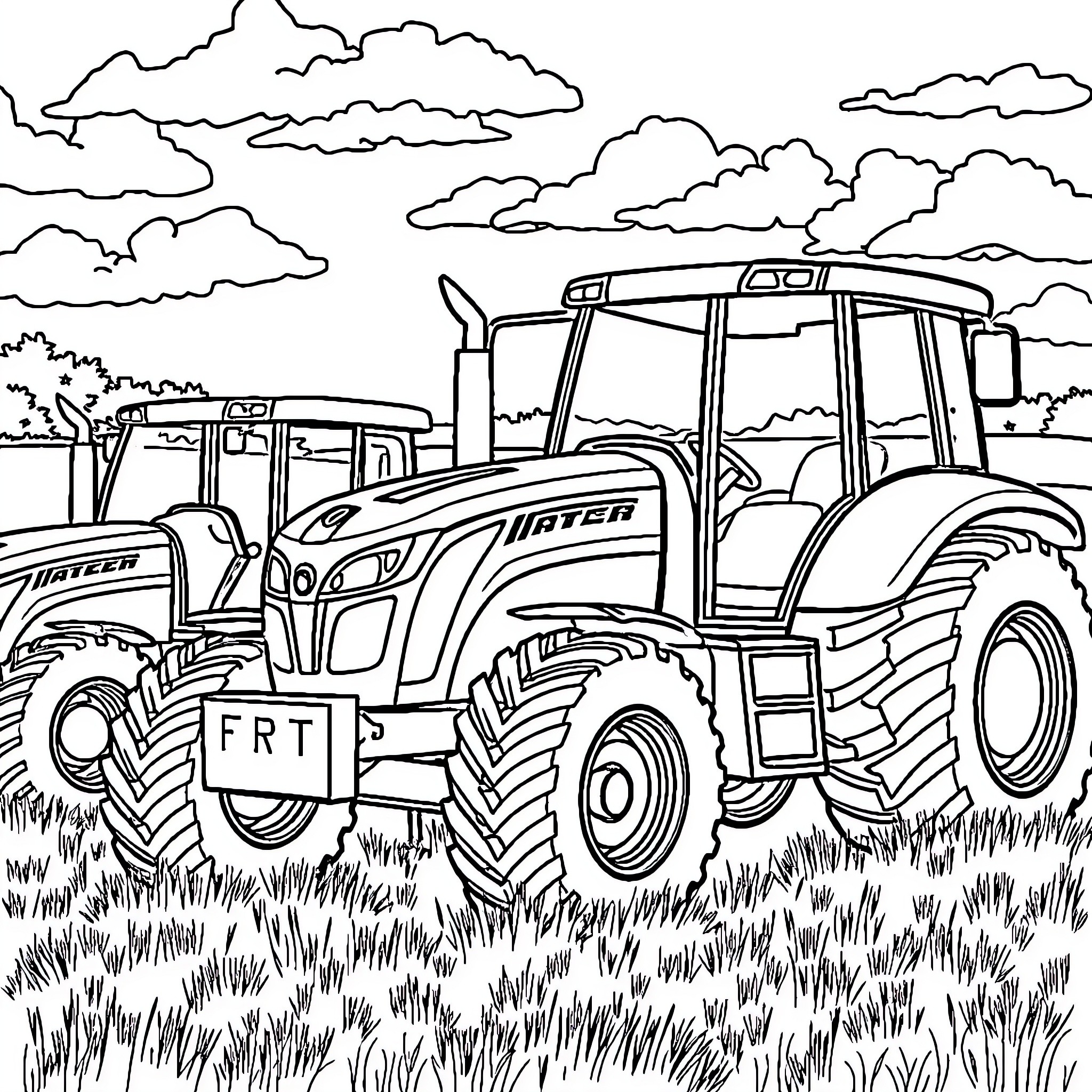 Tractor plowing through lush green field Coloring Page (free black-and-white line drawing printable PDF for all, from beginners to advanced learners, including children, teens, adults, and seniors)