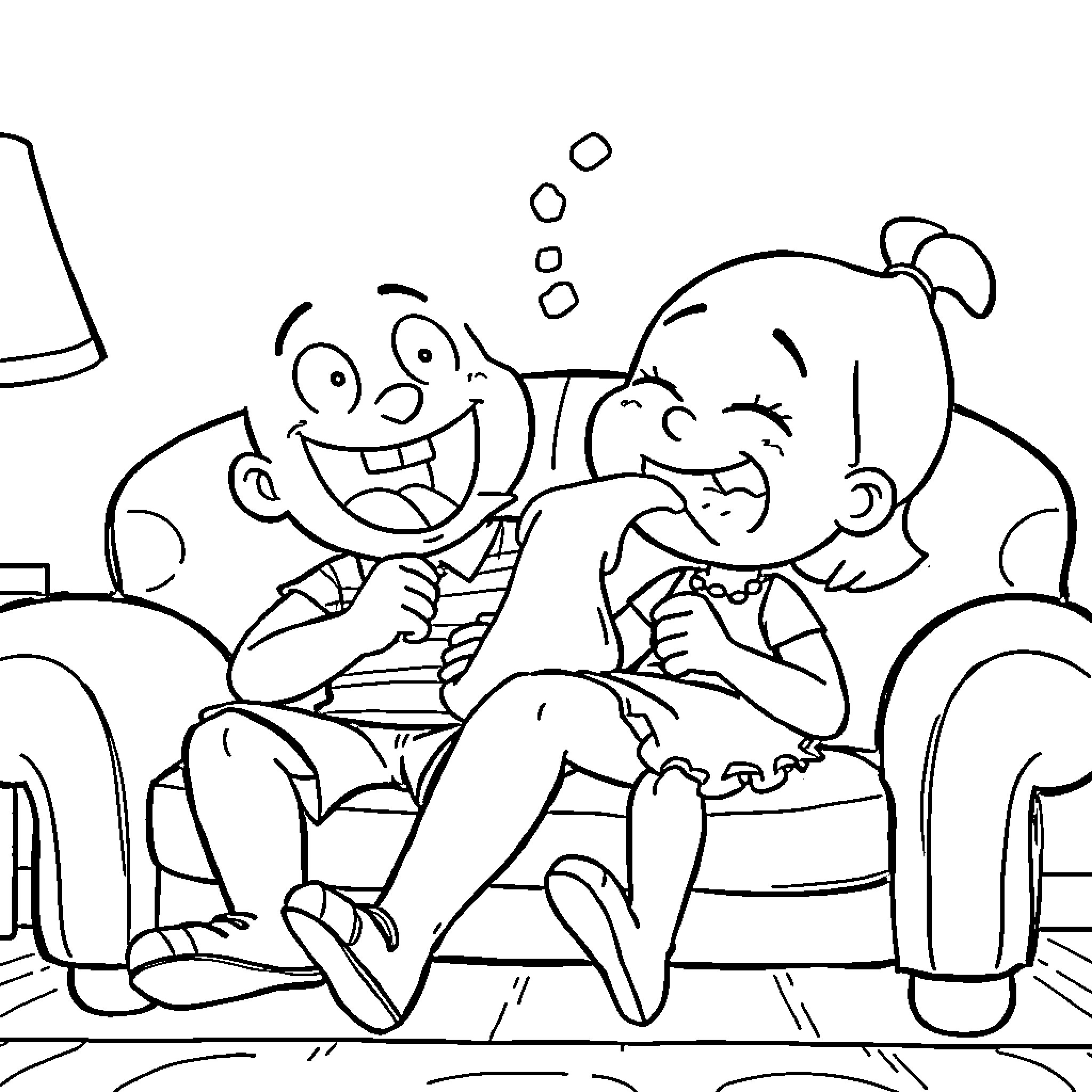 Gumball characters relaxing and playing in the living room Coloring Page (free black-and-white line drawing printable PDF for all, from beginners to advanced learners, including children, teens, adults, and seniors)