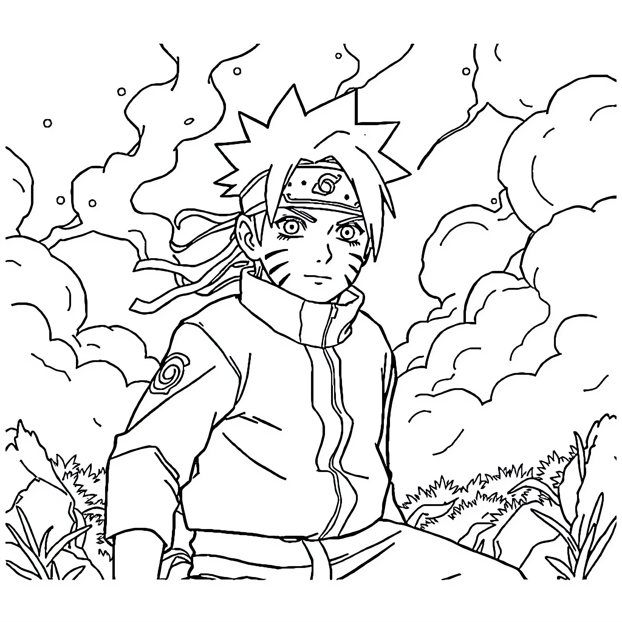 Naruto Ninja Warrior in Fierce Battle Stance Coloring Page (free black-and-white line drawing printable PDF for all, from beginners to advanced learners, including children, teens, adults, and seniors)