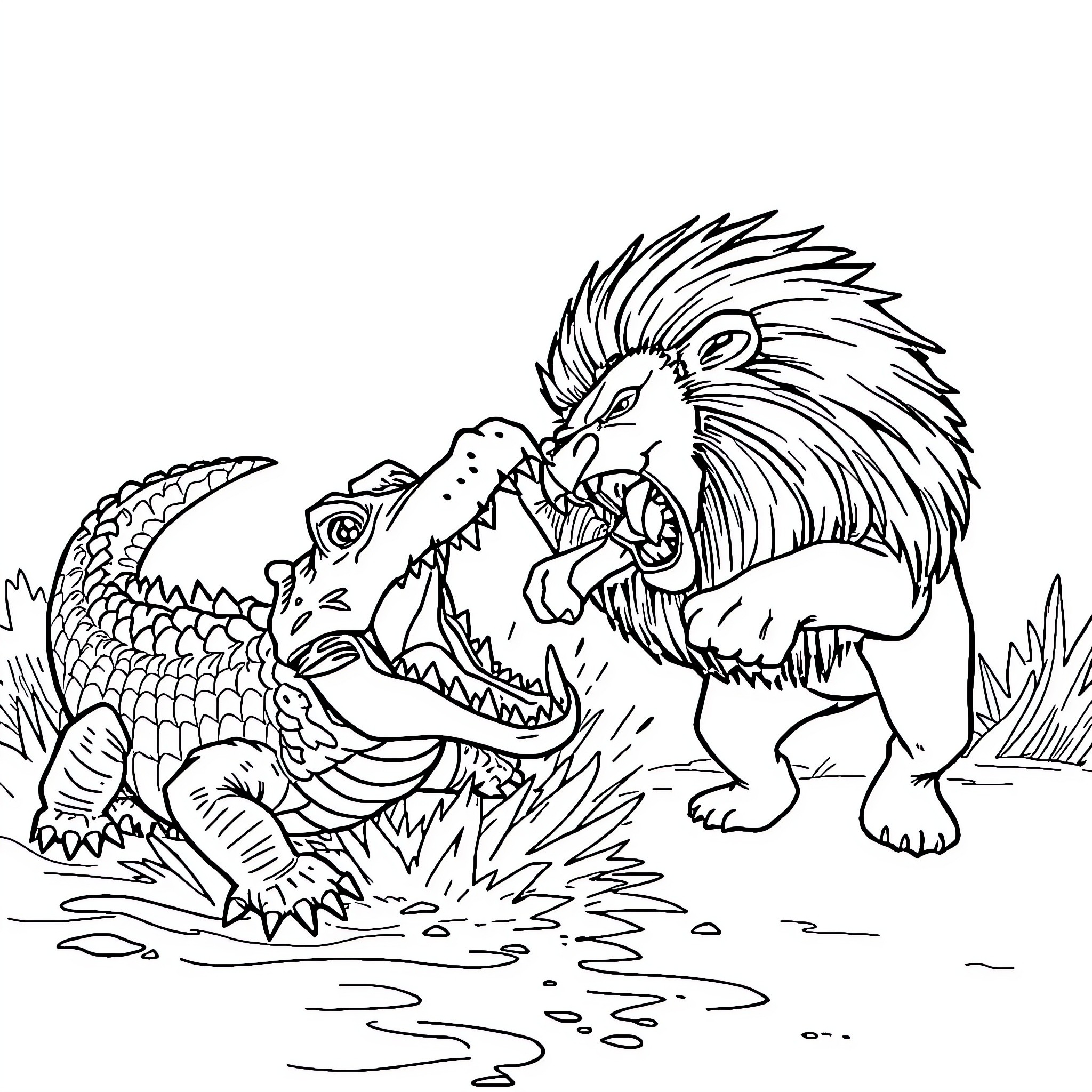 Crocodile vs Lion in fierce combat Coloring Page (free black-and-white line drawing printable PDF for all, from beginners to advanced learners, including children, teens, adults, and seniors)