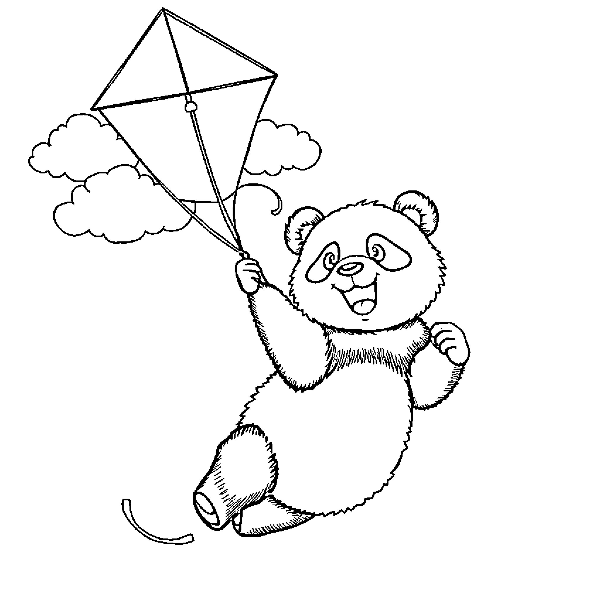 Panda playing with a kite in the clouds Coloring Page (free black-and-white line drawing printable PDF for all, from beginners to advanced learners, including children, teens, adults, and seniors)
