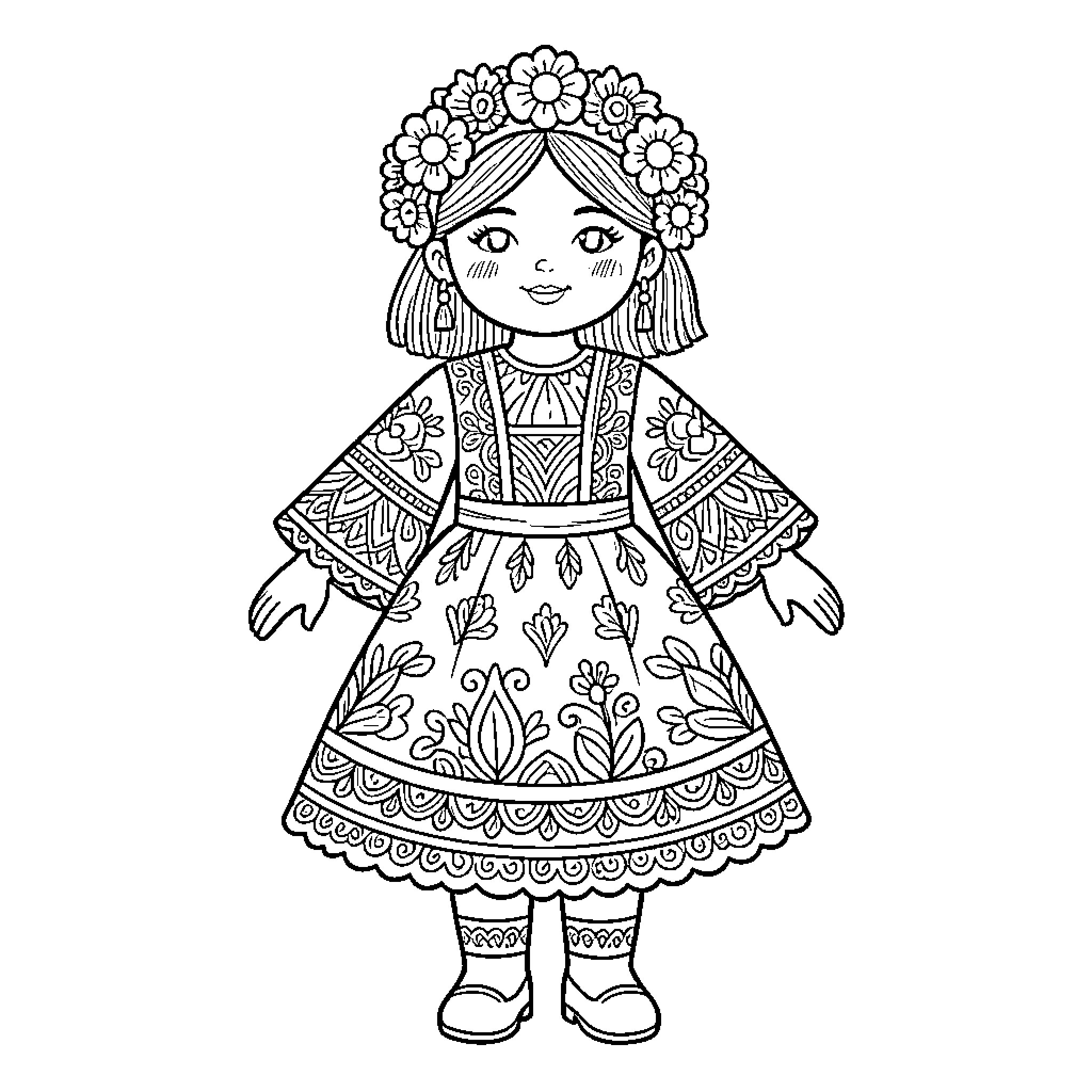 Doll with Elaborate Floral Dress and Headpiece Coloring Page (free black-and-white line drawing printable PDF for all, from beginners to advanced learners, including children, teens, adults, and seniors)