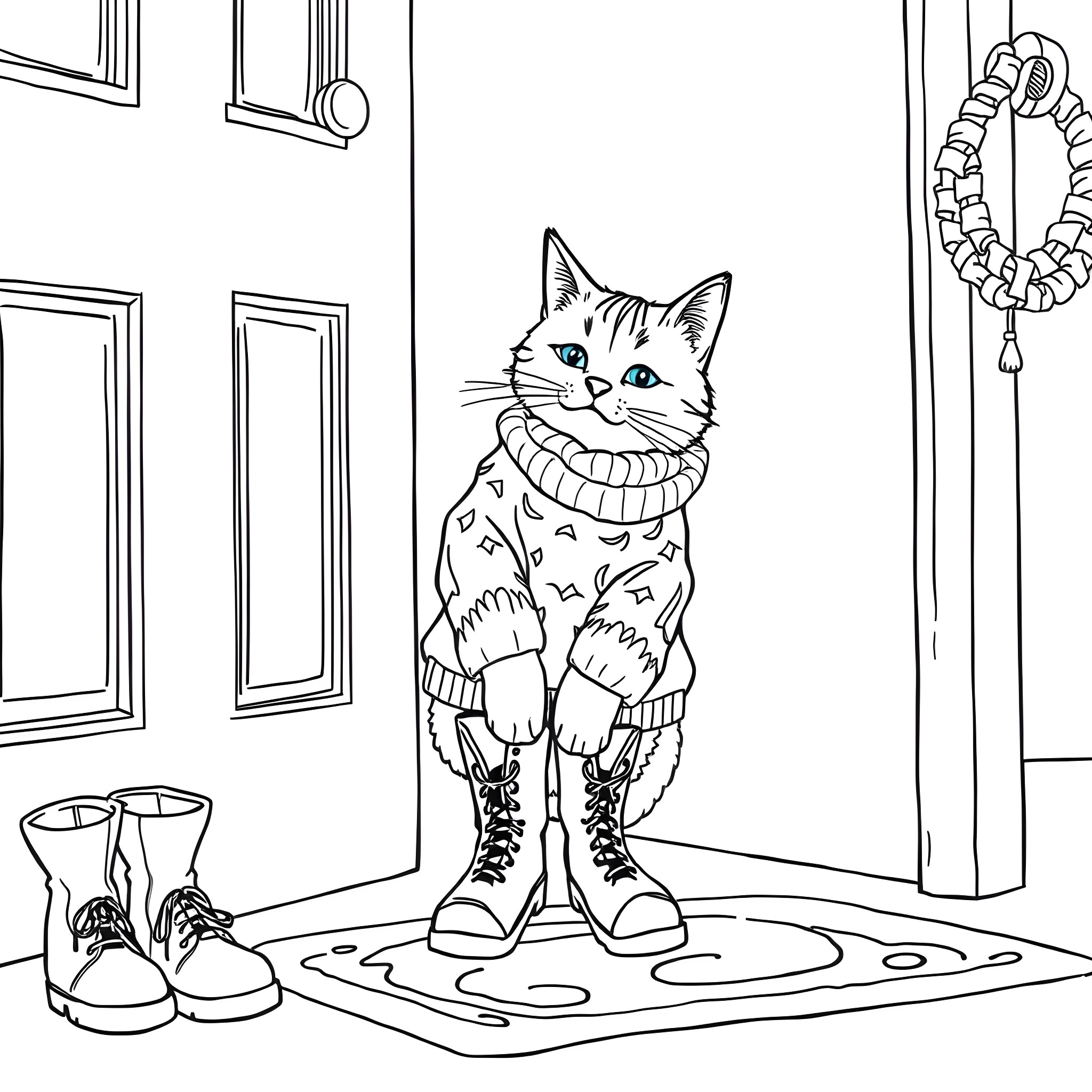 Cat wearing winter outfit in indoor setting Coloring Page (free black-and-white line drawing printable PDF for all, from beginners to advanced learners, including children, teens, adults, and seniors)
