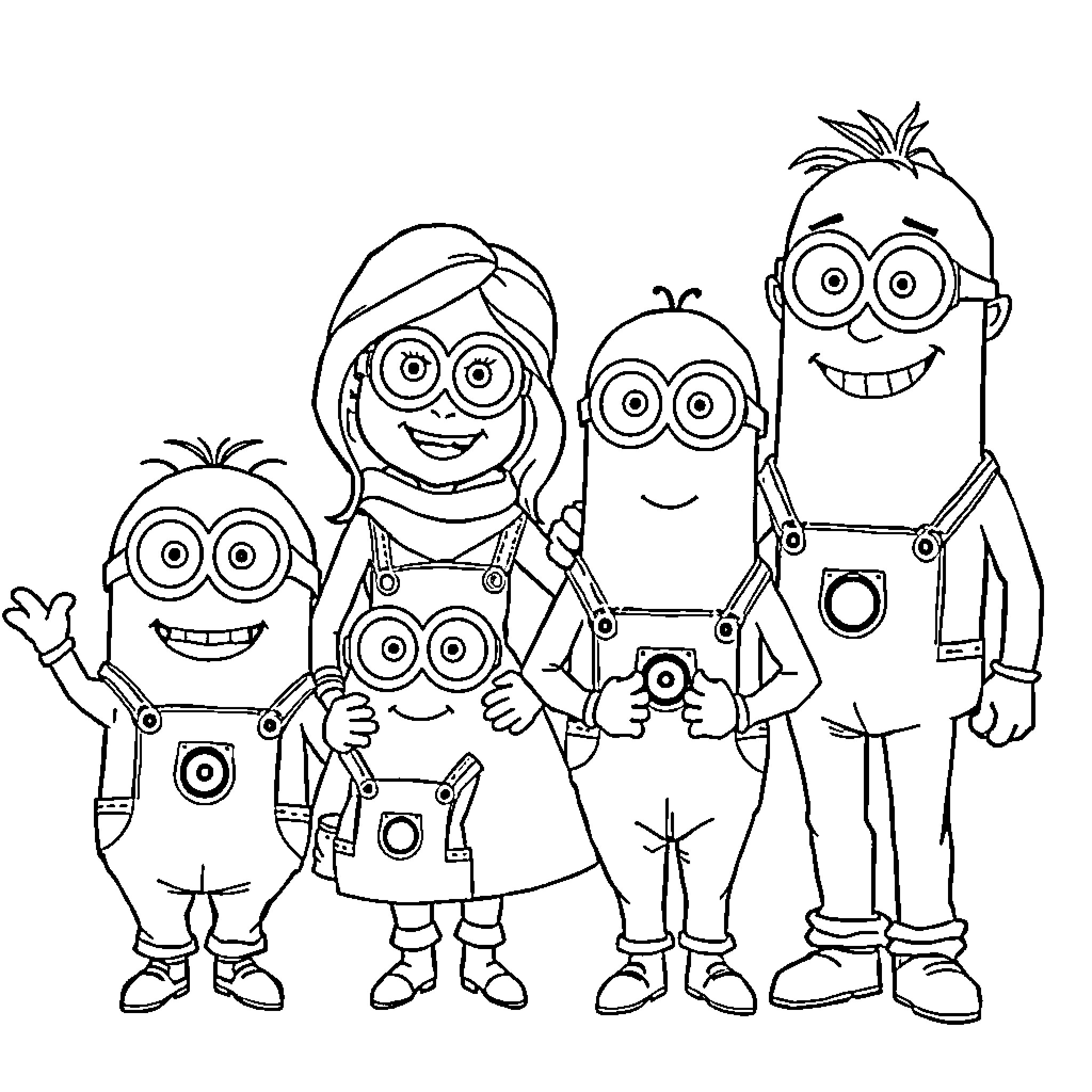 Minions playing together happily Coloring Page (free black-and-white line drawing printable PDF for all, from beginners to advanced learners, including children, teens, adults, and seniors)