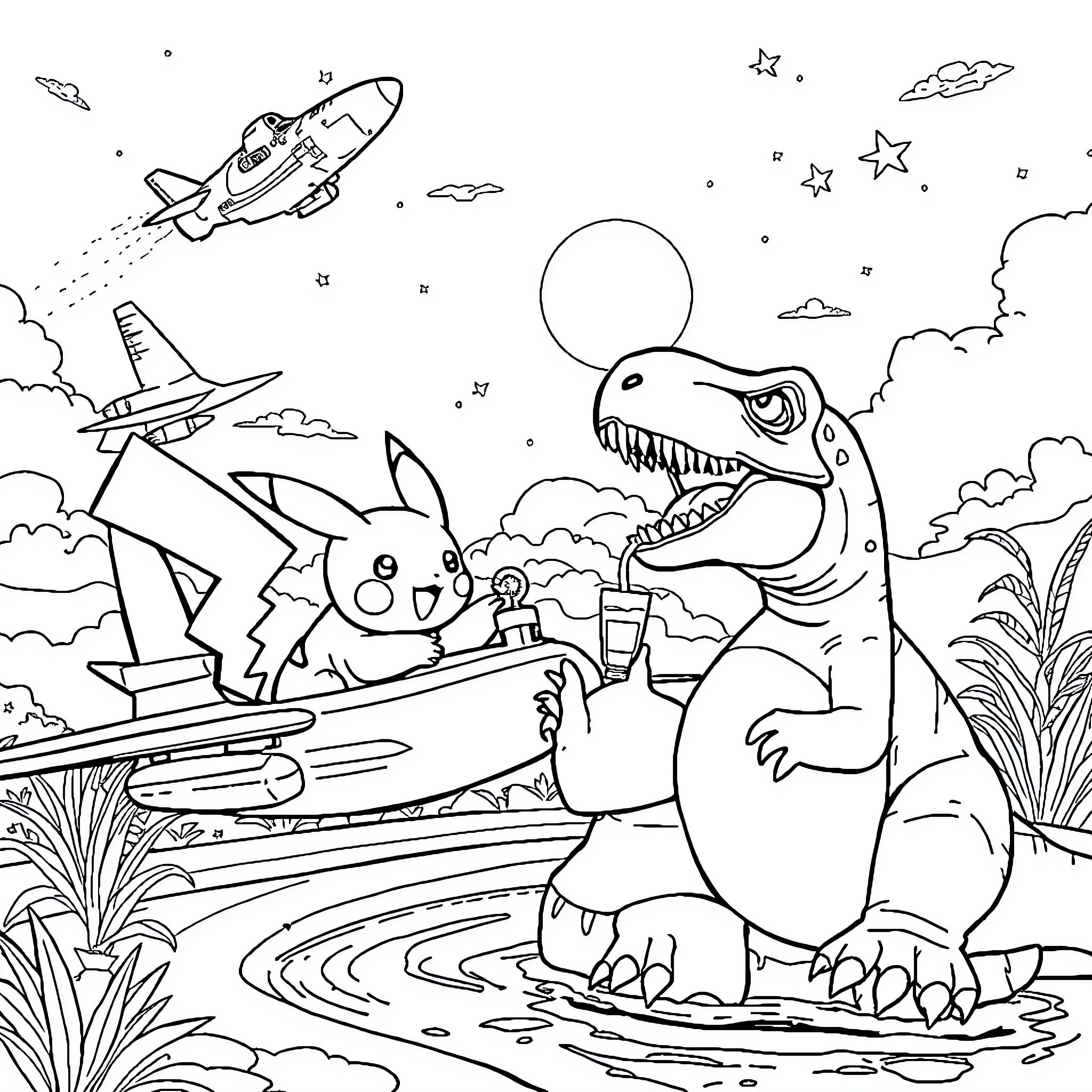 Pikachu on an adventure with a T-Rex Coloring Page (free black-and-white line drawing printable PDF for all, from beginners to advanced learners, including children, teens, adults, and seniors)