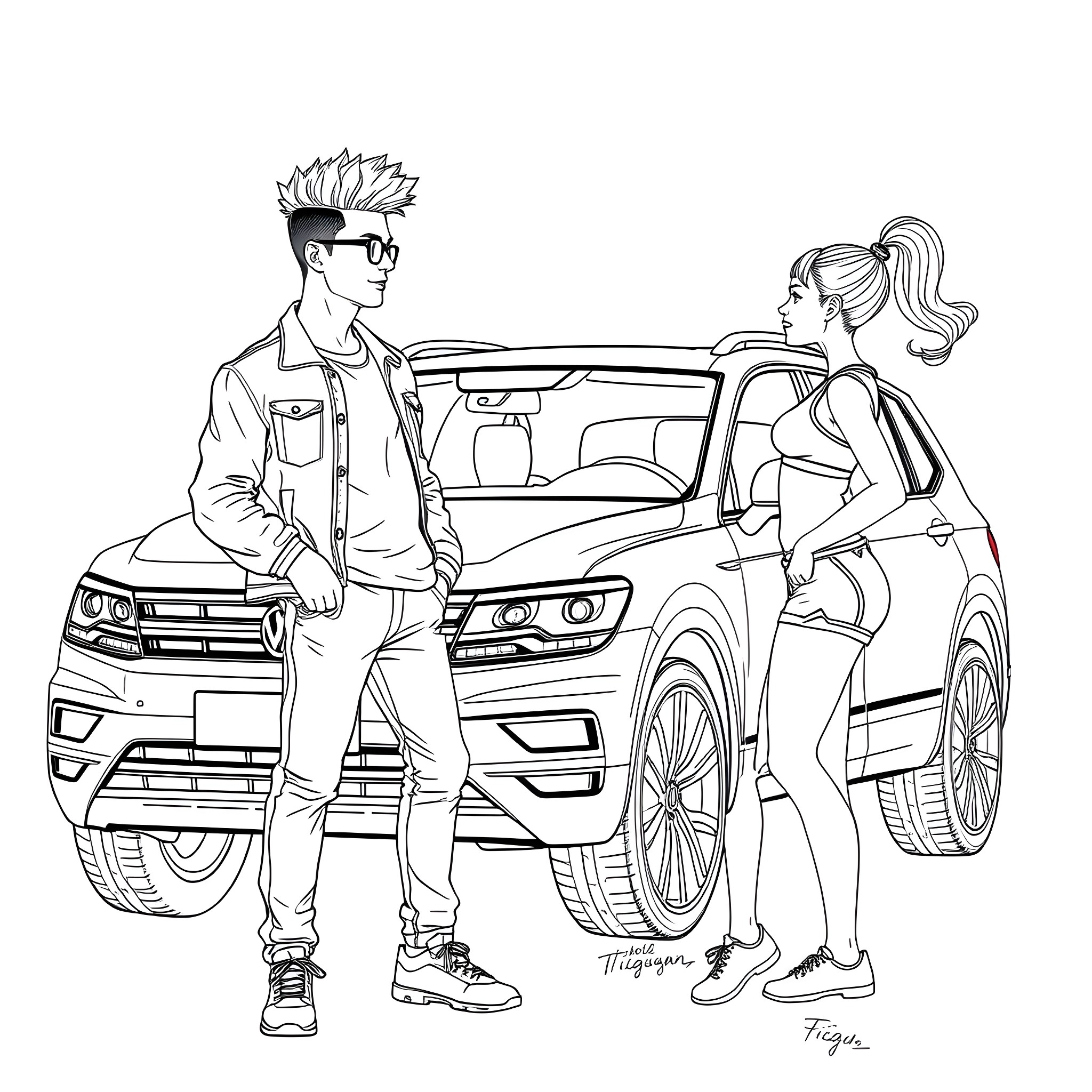 Teen couple chatting by a stylish car Coloring Page (free black-and-white line drawing printable PDF for all, from beginners to advanced learners, including children, teens, adults, and seniors)