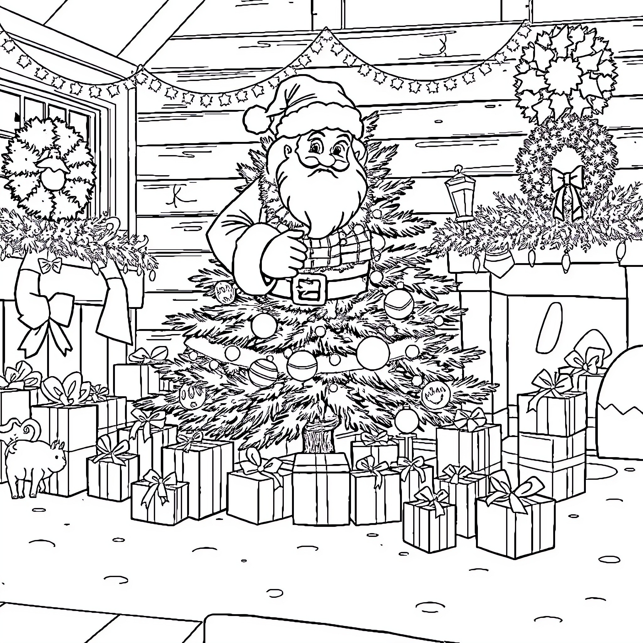 Père Noël decorating a festive Christmas tree Coloring Page (free black-and-white line drawing printable PDF for all, from beginners to advanced learners, including children, teens, adults, and seniors)