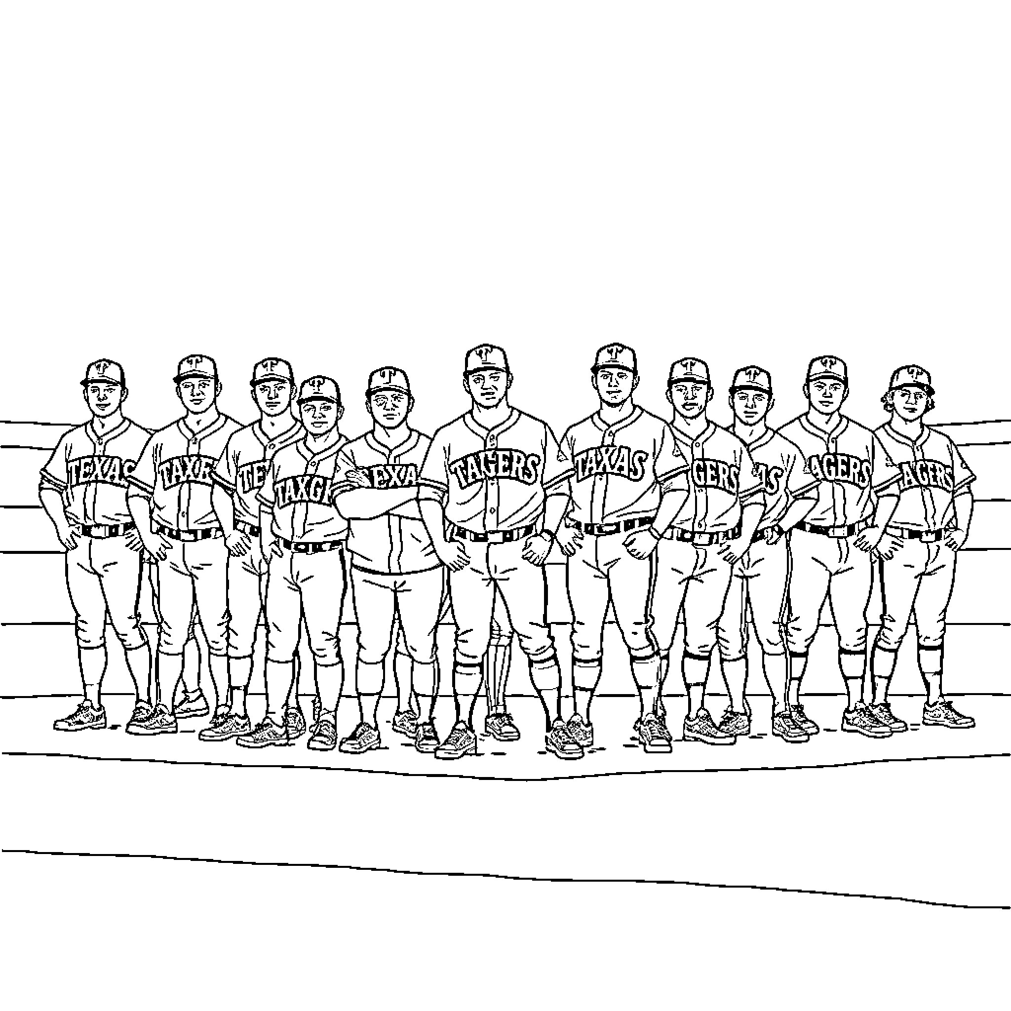 Texas Ranger Baseball Team Posing in Uniforms Coloring Page (free black-and-white line drawing printable PDF for all, from beginners to advanced learners, including children, teens, adults, and seniors)