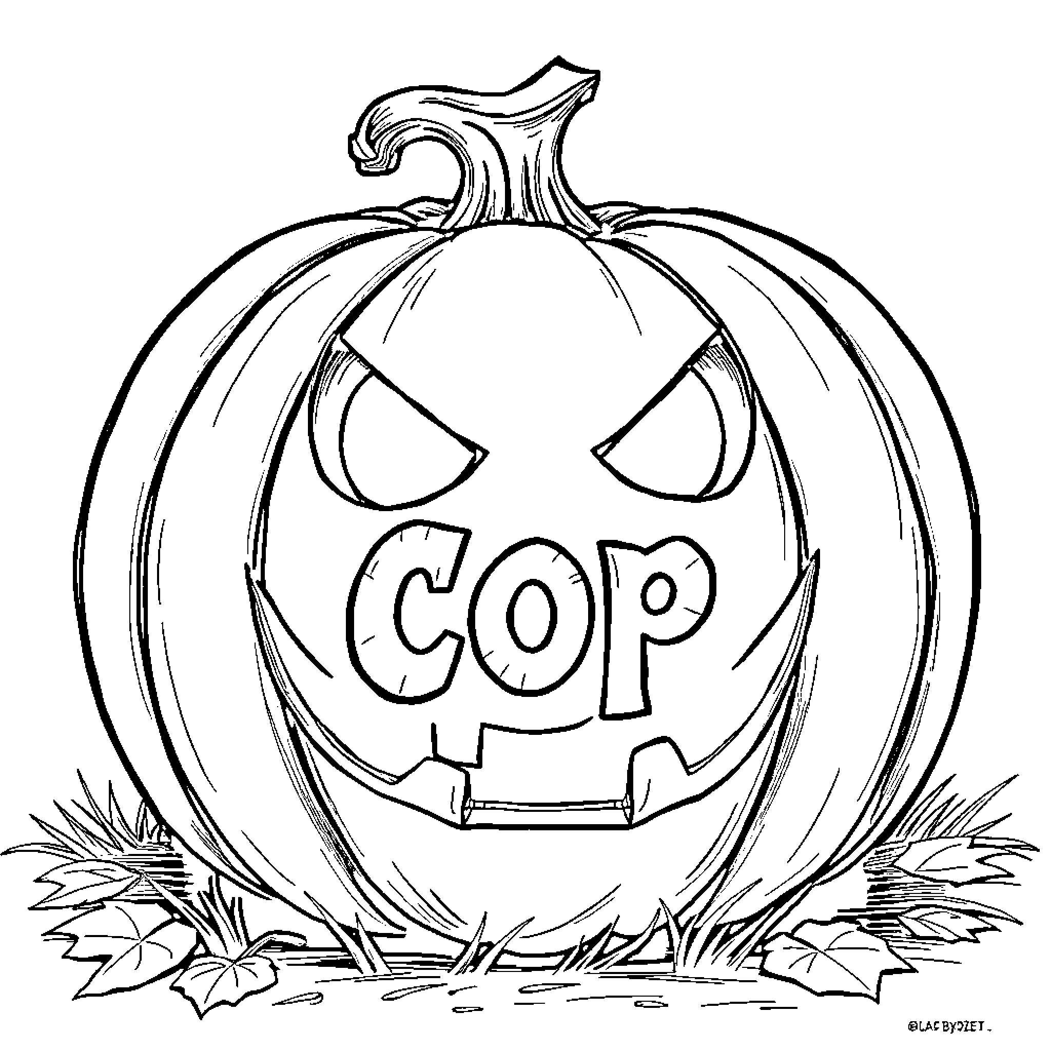 Pumpkin carving with 'COP' expression Coloring Page (free black-and-white line drawing printable PDF for all, from beginners to advanced learners, including children, teens, adults, and seniors)