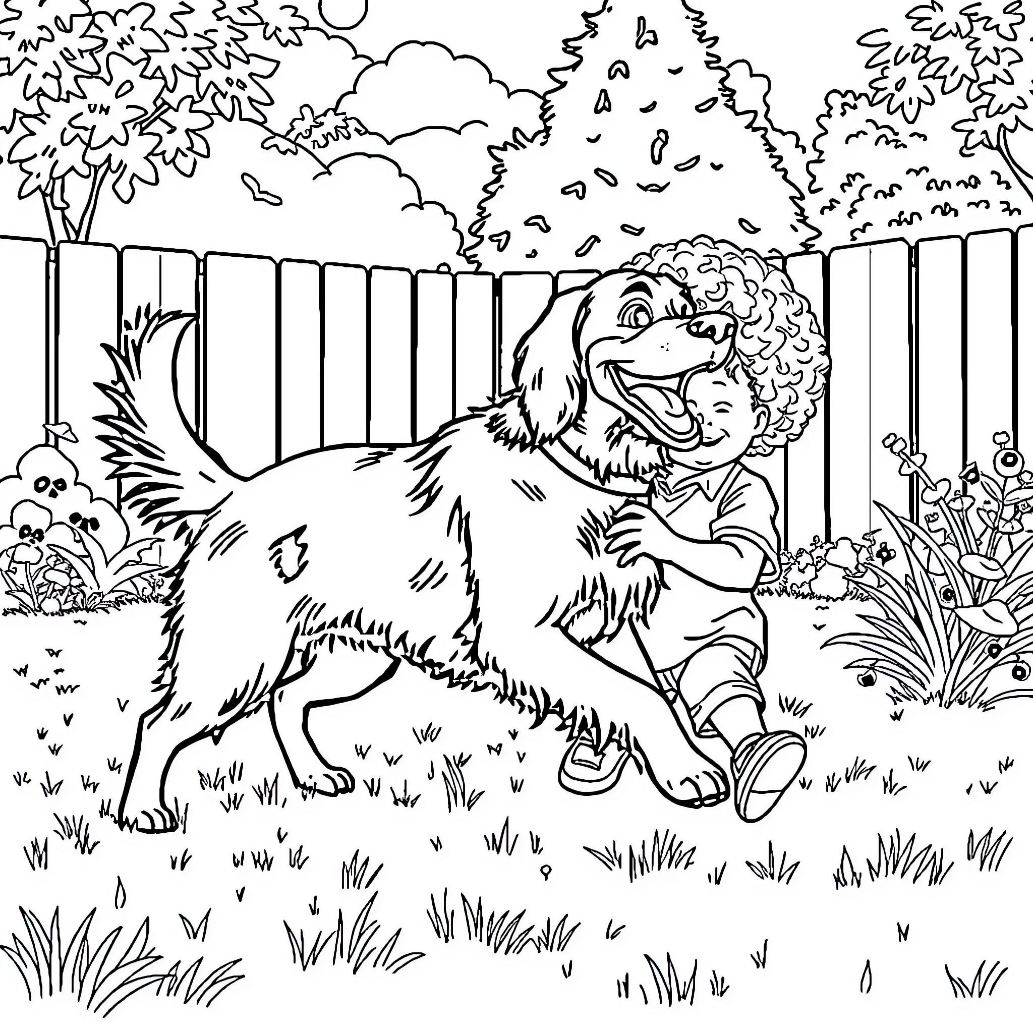 Flatcoated Retriever playing with a child in a backyard Coloring Page (free black-and-white line drawing printable PDF for all, from beginners to advanced learners, including children, teens, adults, and seniors)