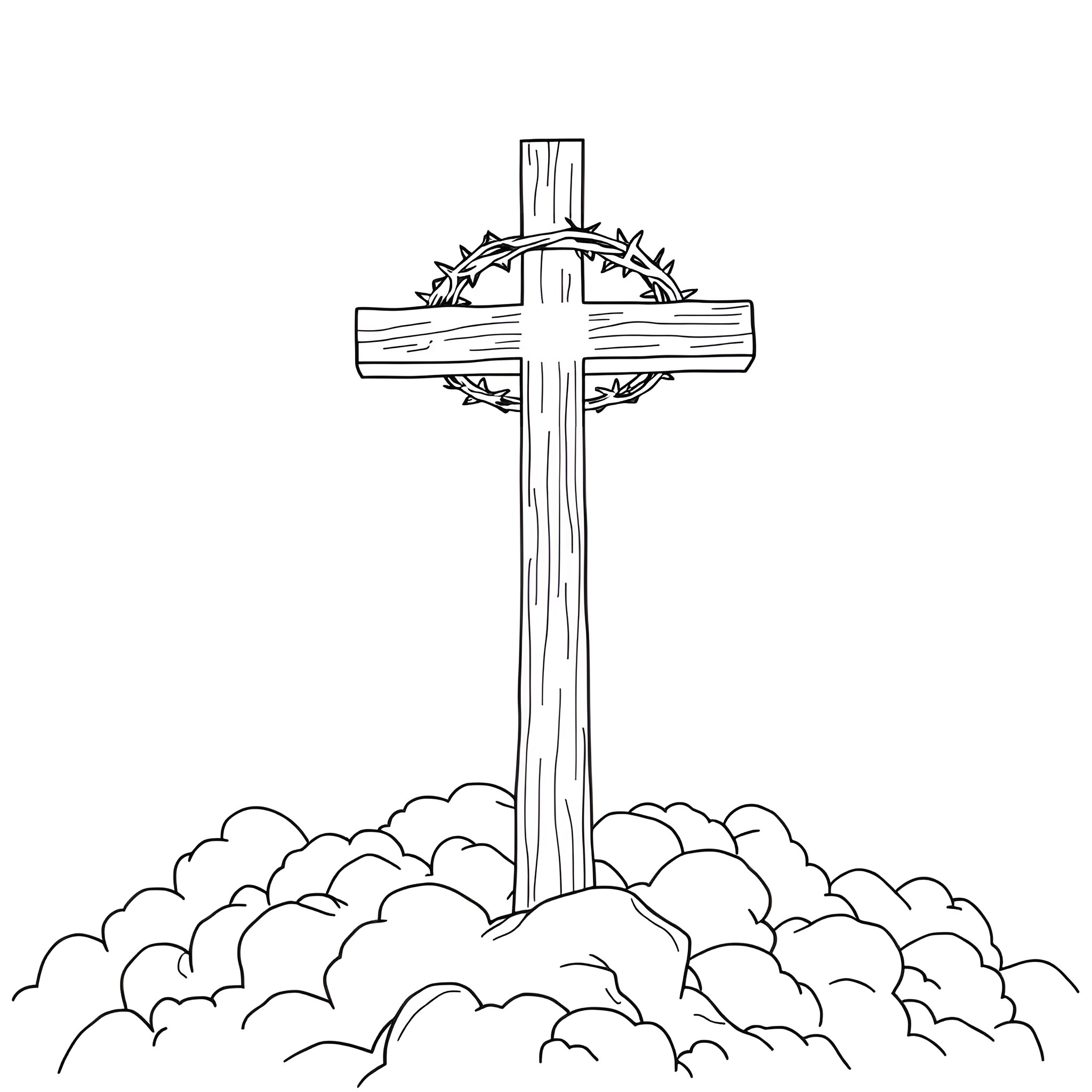 Cross standing amidst clouds and thorns Coloring Page (free black-and-white line drawing printable PDF for all, from beginners to advanced learners, including children, teens, adults, and seniors)