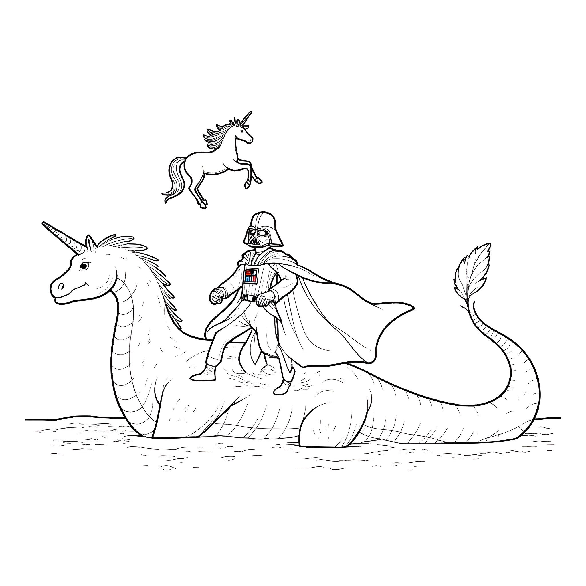 Darth Vader riding a magical unicorn Coloring Page (free black-and-white line drawing printable PDF for all, from beginners to advanced learners, including children, teens, adults, and seniors)