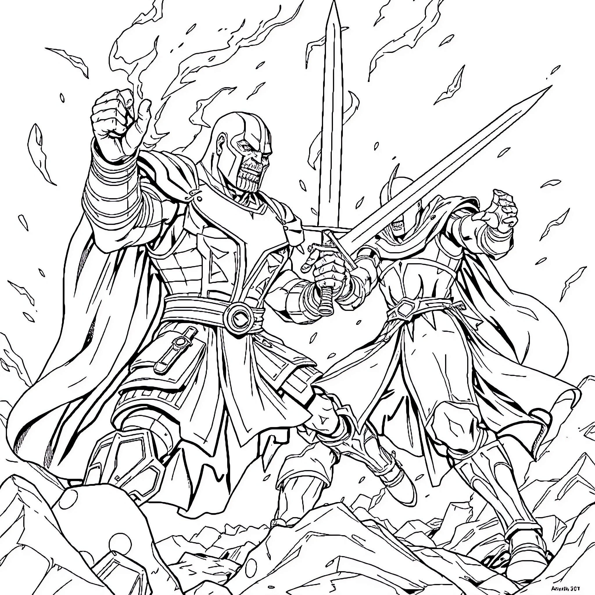Knight Battles Against Fierce Foes in Epic Confrontation Coloring Page (free black-and-white line drawing printable PDF for all, from beginners to advanced learners, including children, teens, adults, and seniors)