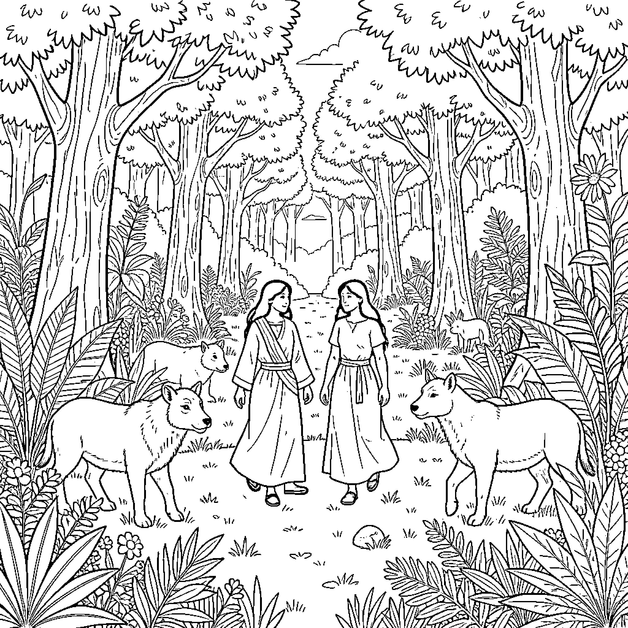 Garden scene with two women walking among animals Coloring Page (free black-and-white line drawing printable PDF for all, from beginners to advanced learners, including children, teens, adults, and seniors)