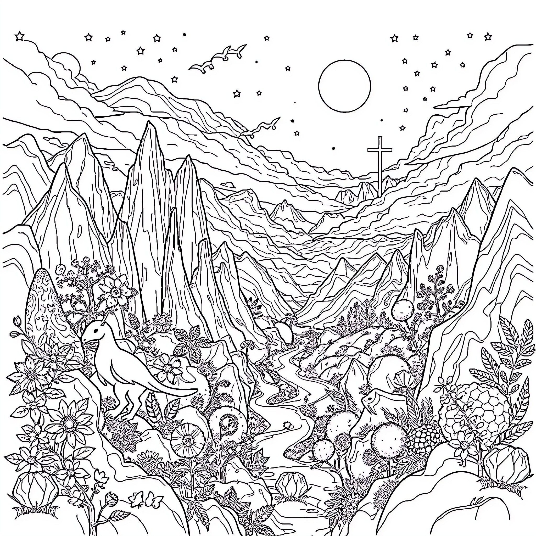 Landscape of mountains, wildlife, and celestial elements Coloring Page (free black-and-white line drawing printable PDF for all, from beginners to advanced learners, including children, teens, adults, and seniors)