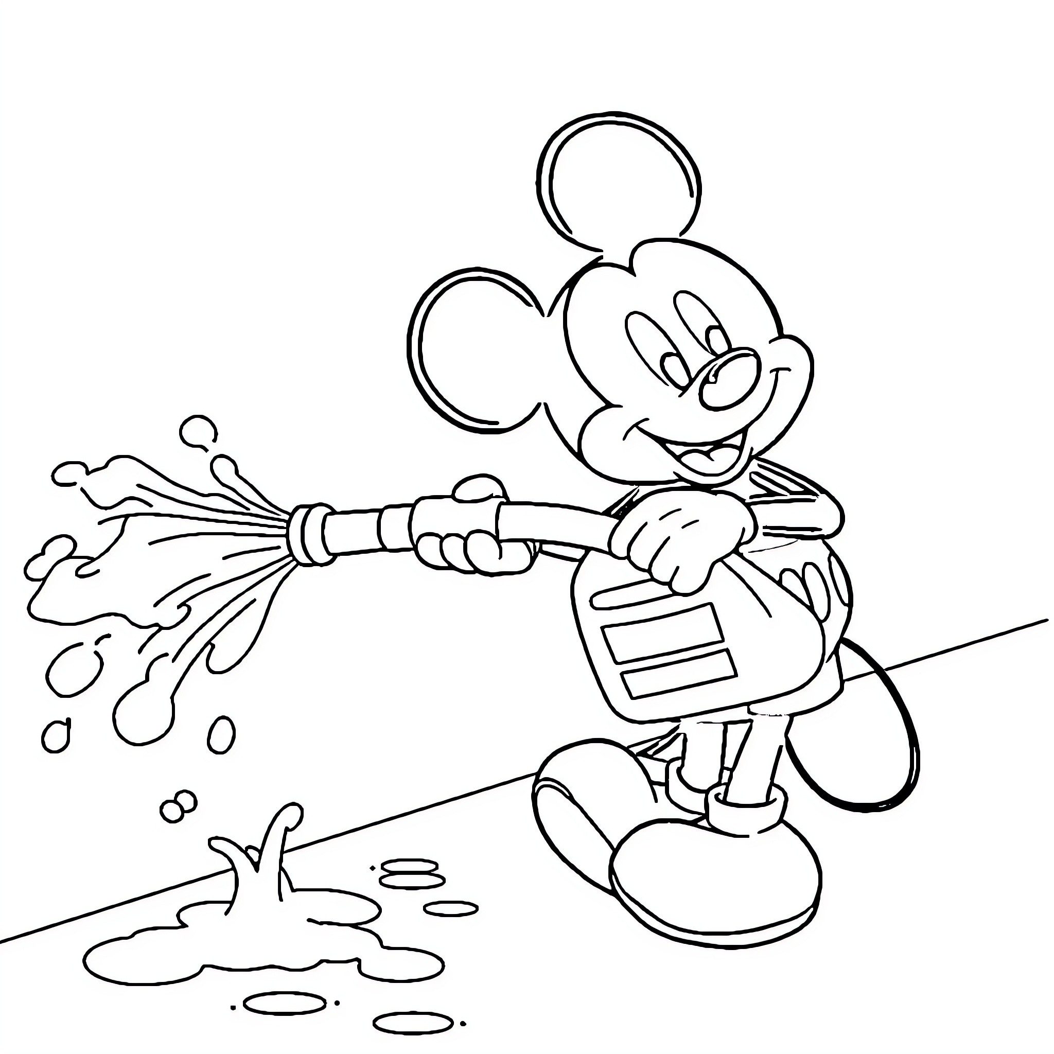 Mickey Mouse playing with water hose Coloring Page (free black-and-white line drawing printable PDF for all, from beginners to advanced learners, including children, teens, adults, and seniors)
