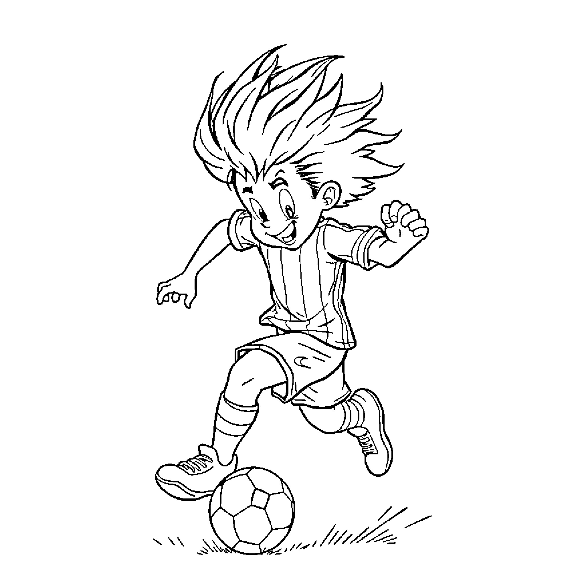 Futbolista playing joyfully with soccer ball Coloring Page (free black-and-white line drawing printable PDF for all, from beginners to advanced learners, including children, teens, adults, and seniors)