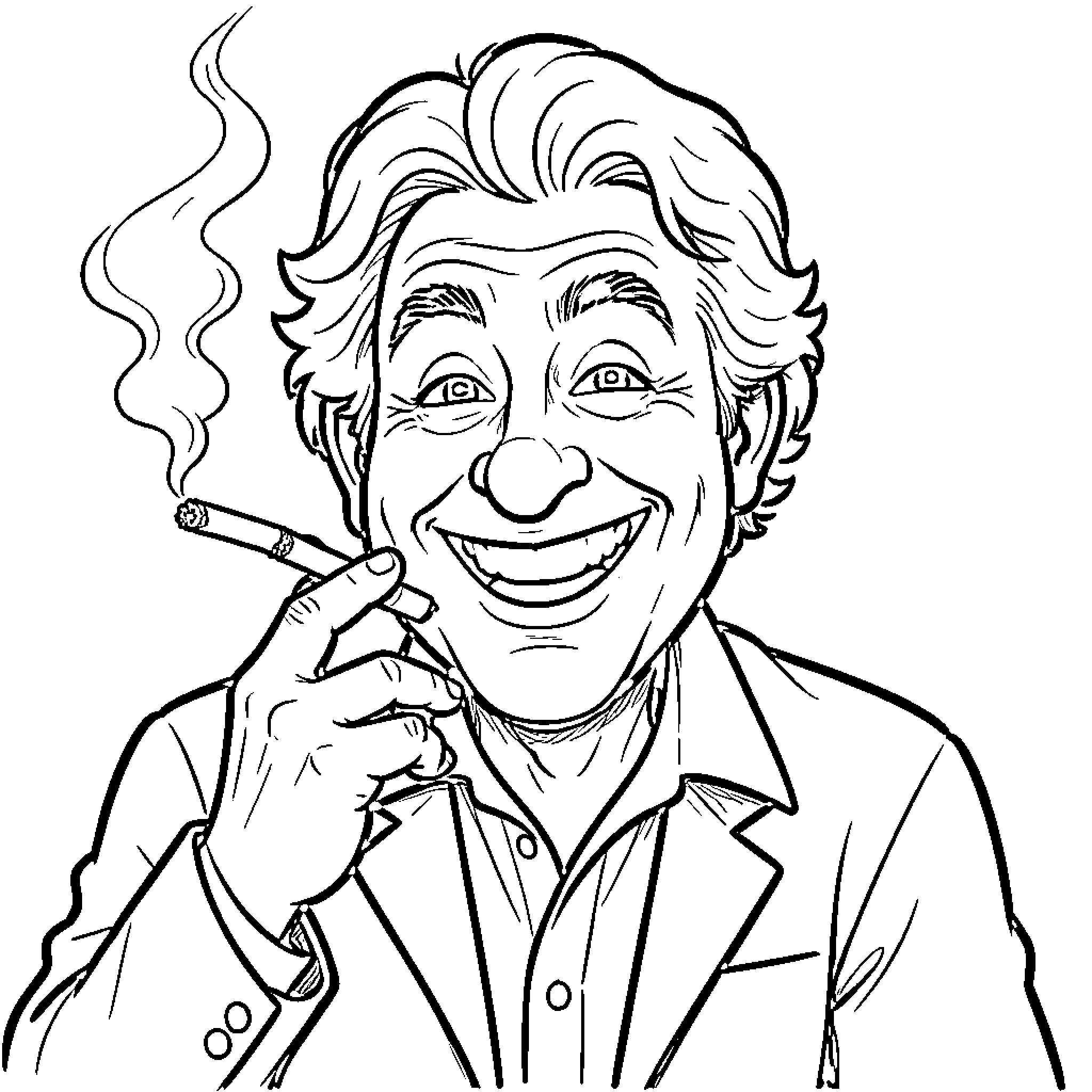 Coluche smiling broadly while holding a smoking cigarette Coloring Page (free black-and-white line drawing printable PDF for all, from beginners to advanced learners, including children, teens, adults, and seniors)