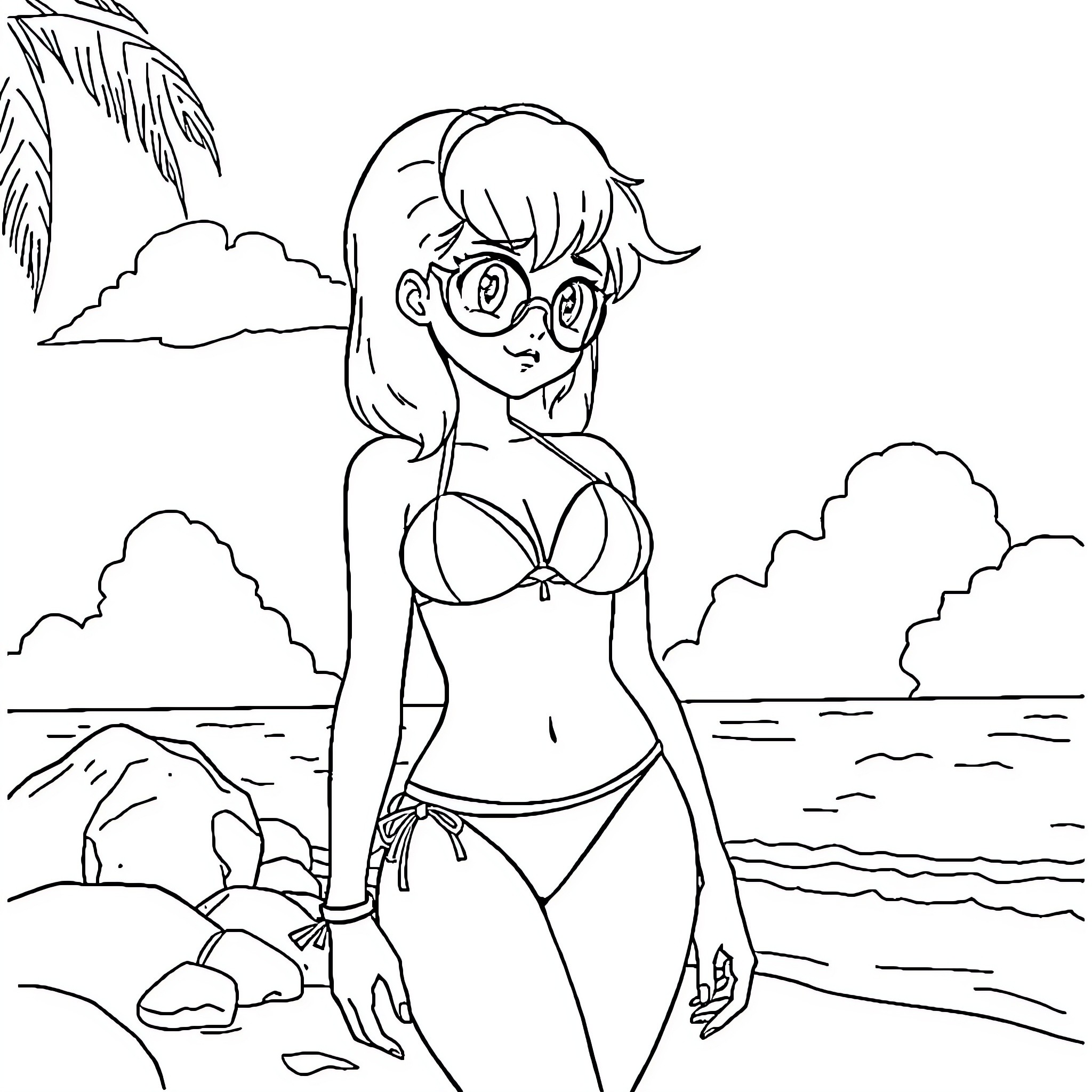 Bulma enjoying a sunny day at the beach Coloring Page (free black-and-white line drawing printable PDF for all, from beginners to advanced learners, including children, teens, adults, and seniors)