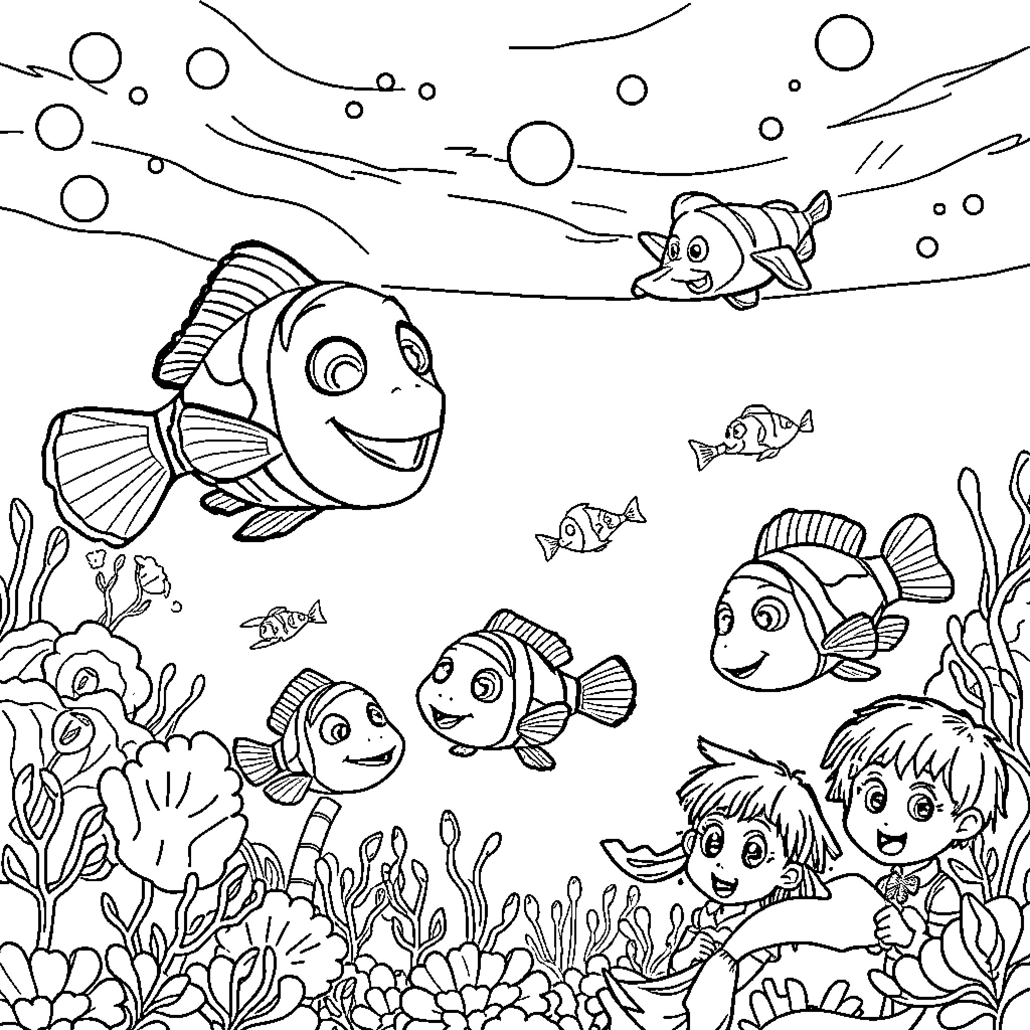 Nemo and friends exploring the colorful underwater world Coloring Page (free black-and-white line drawing printable PDF for all, from beginners to advanced learners, including children, teens, adults, and seniors)