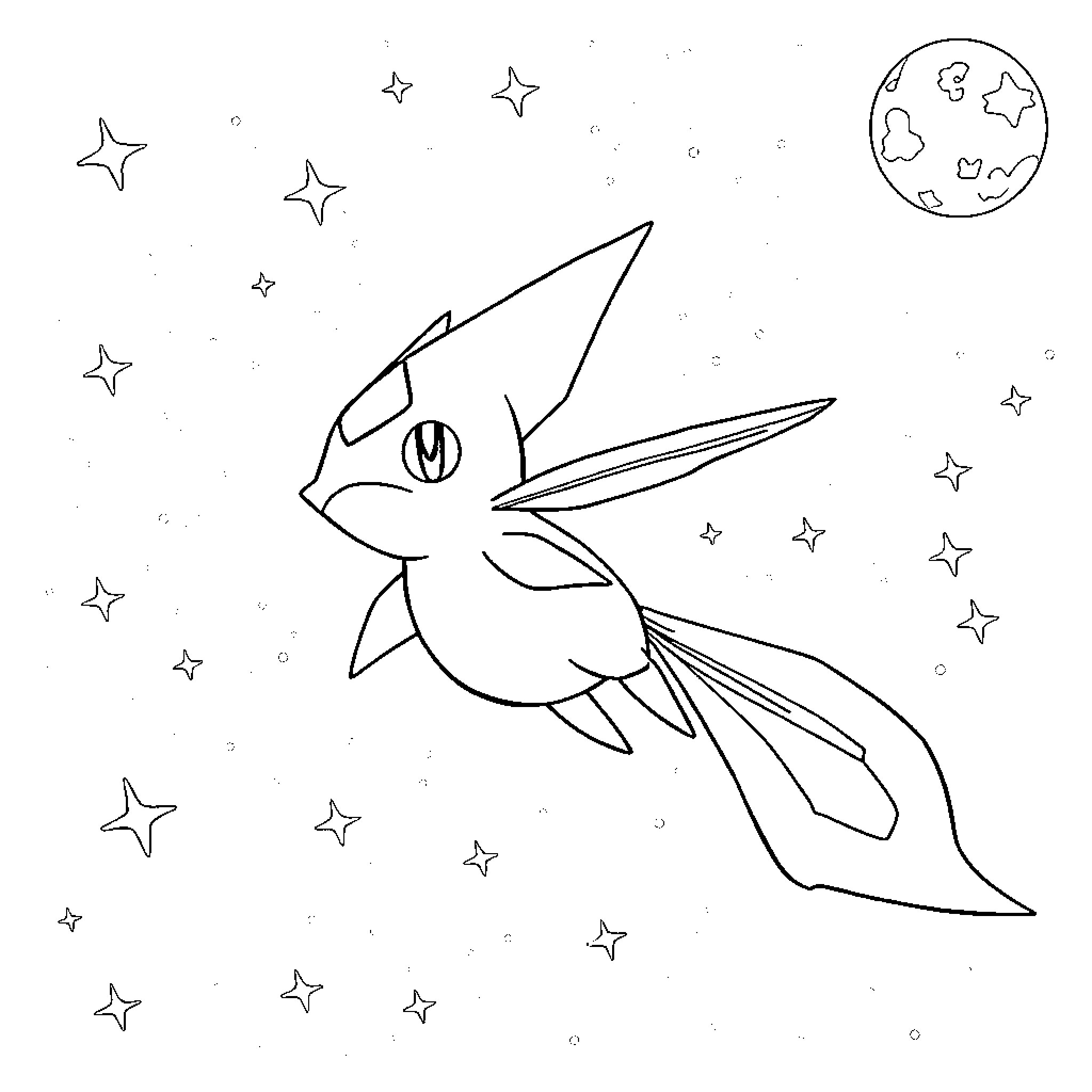 Jirachi soaring through the starry night sky Coloring Page (free black-and-white line drawing printable PDF for all, from beginners to advanced learners, including children, teens, adults, and seniors)