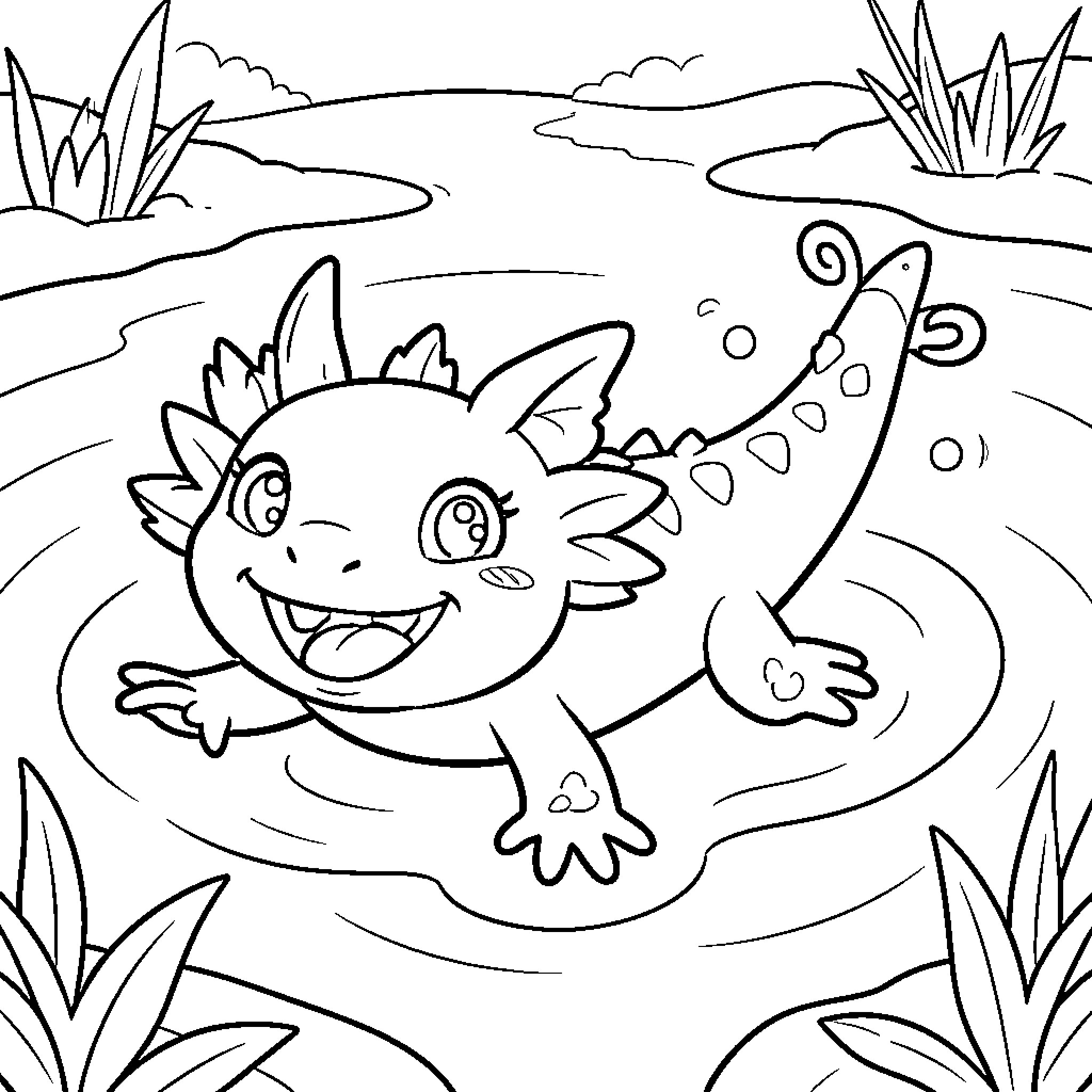 Axolotl smiling and playing in a pond Coloring Page (free black-and-white line drawing printable PDF for all, from beginners to advanced learners, including children, teens, adults, and seniors)