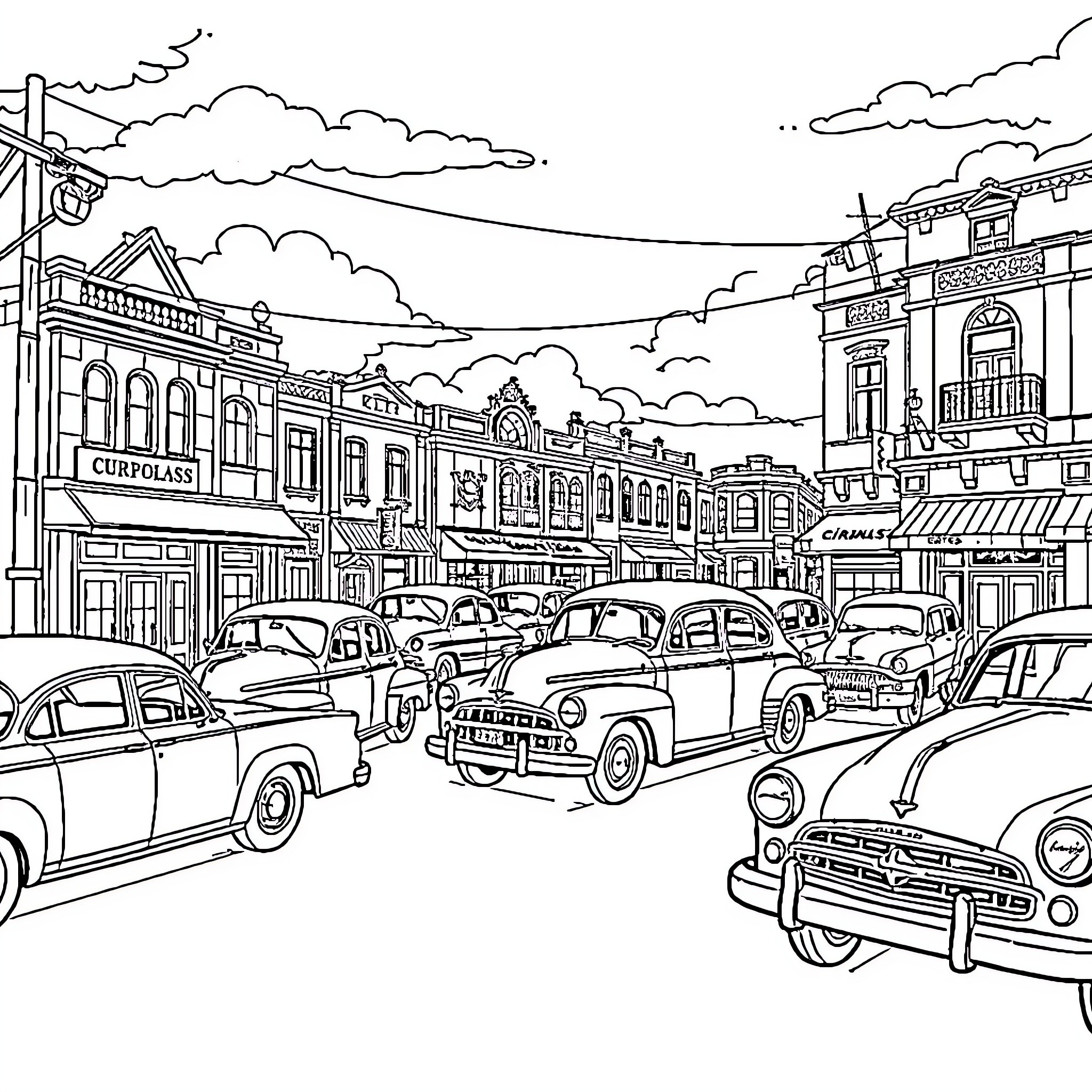 Retro Bustling Street with Vintage Cars and Buildings Coloring Page (free black-and-white line drawing printable PDF for all, from beginners to advanced learners, including children, teens, adults, and seniors)