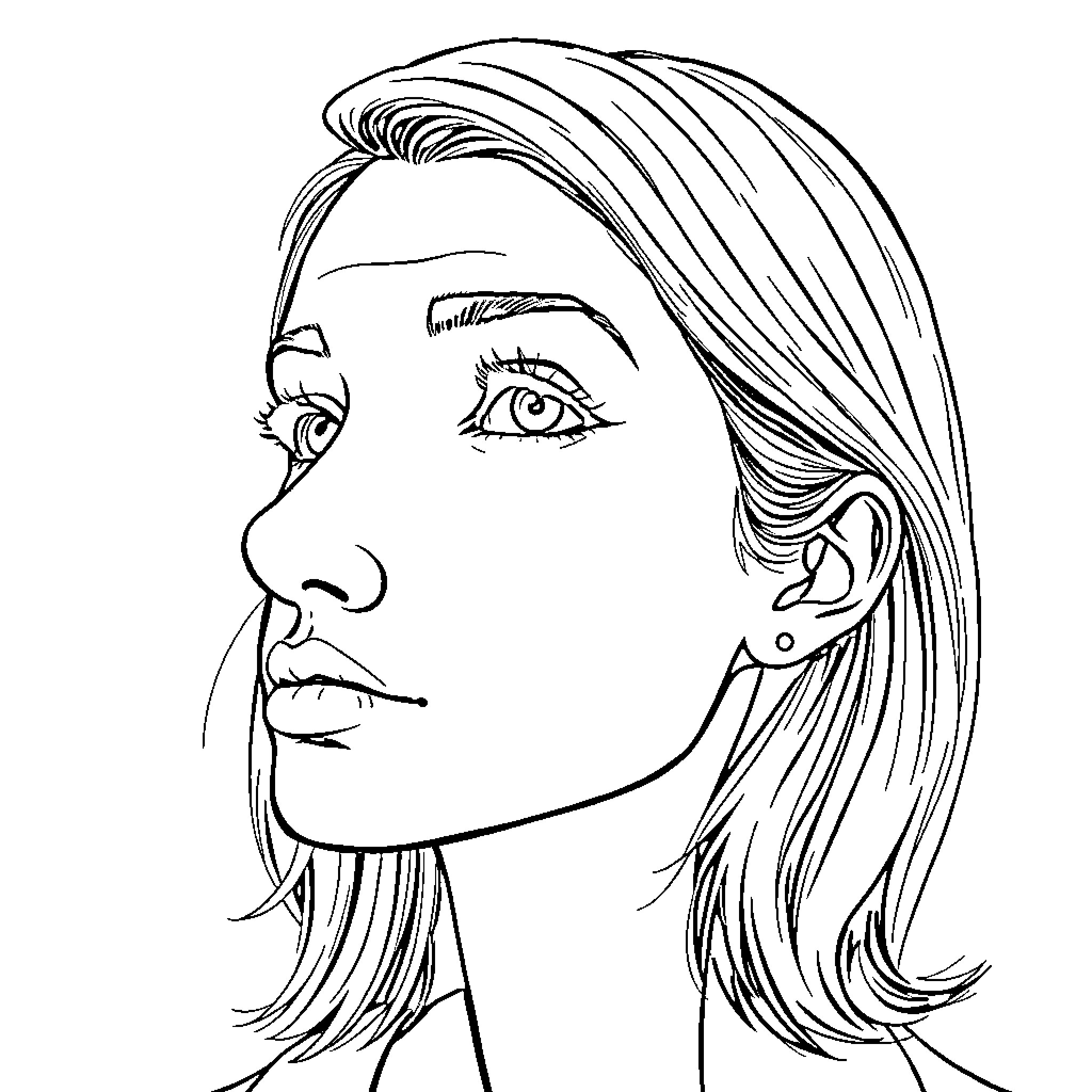 Woman with thoughtful expression and flowing hair Coloring Page (free black-and-white line drawing printable PDF for all, from beginners to advanced learners, including children, teens, adults, and seniors)