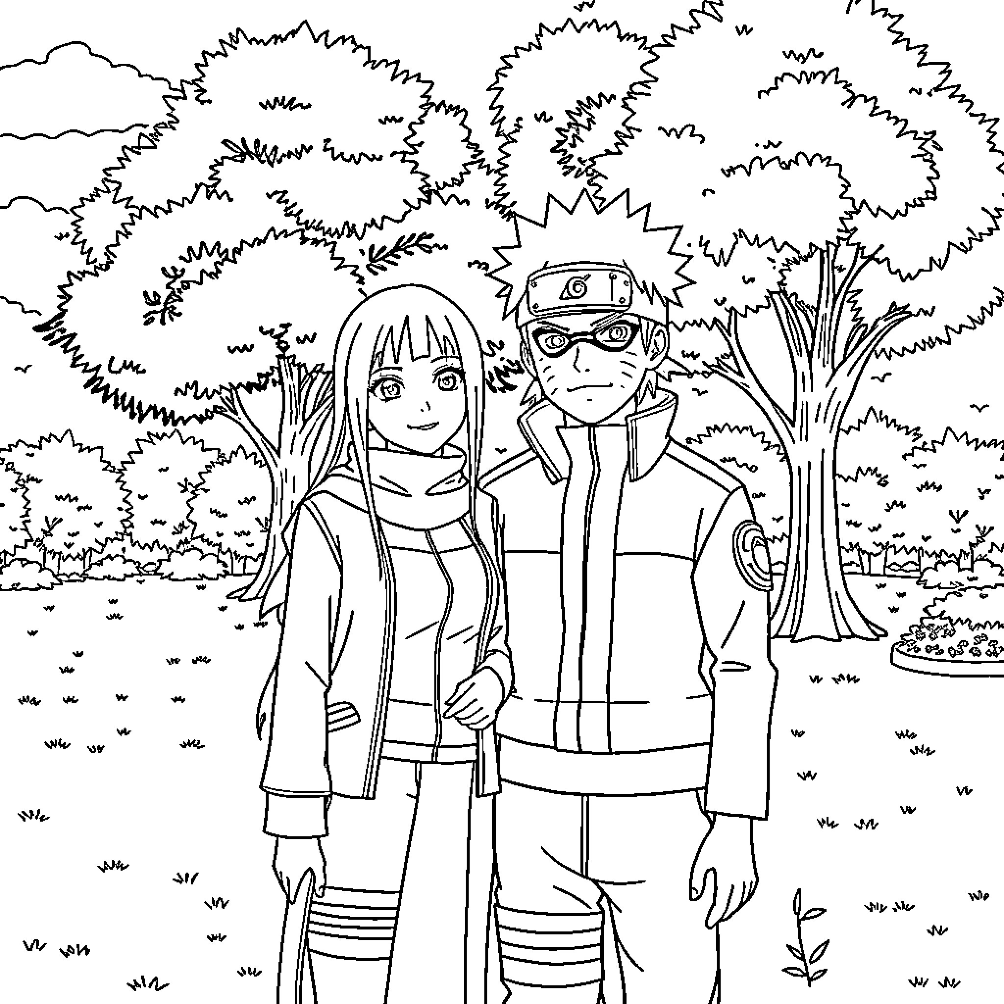 Naruto and Sakura adventure in the forest Coloring Page (free black-and-white line drawing printable PDF for all, from beginners to advanced learners, including children, teens, adults, and seniors)