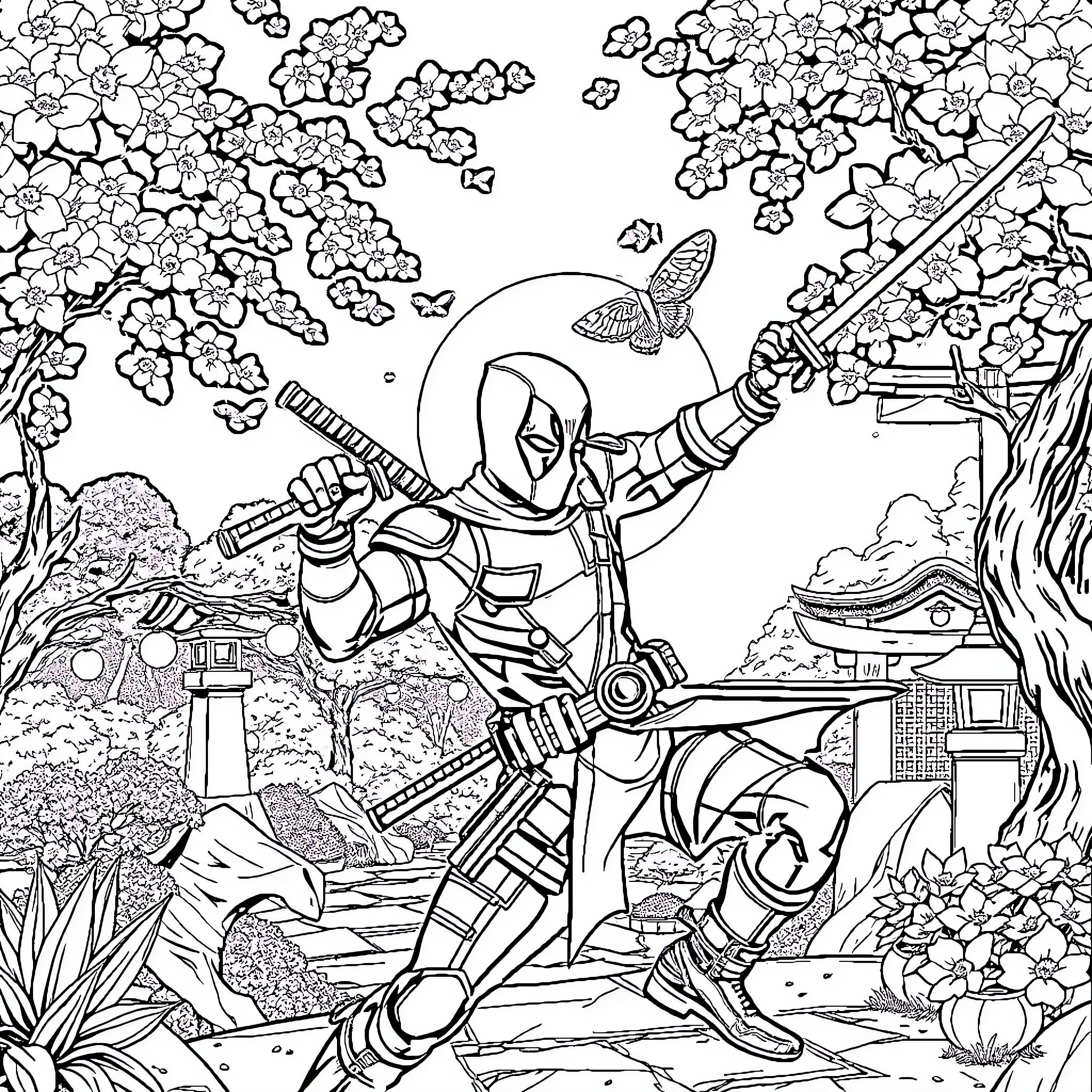 Deadpool in an Elaborate Ninja Pose among Flowers Coloring Page (free black-and-white line drawing printable PDF for all, from beginners to advanced learners, including children, teens, adults, and seniors)