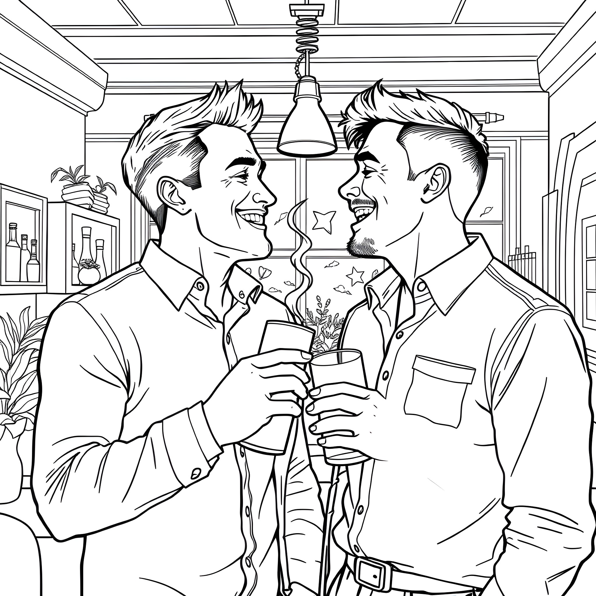 Man enjoying drinks with friend in bar Coloring Page (free black-and-white line drawing printable PDF for all, from beginners to advanced learners, including children, teens, adults, and seniors)