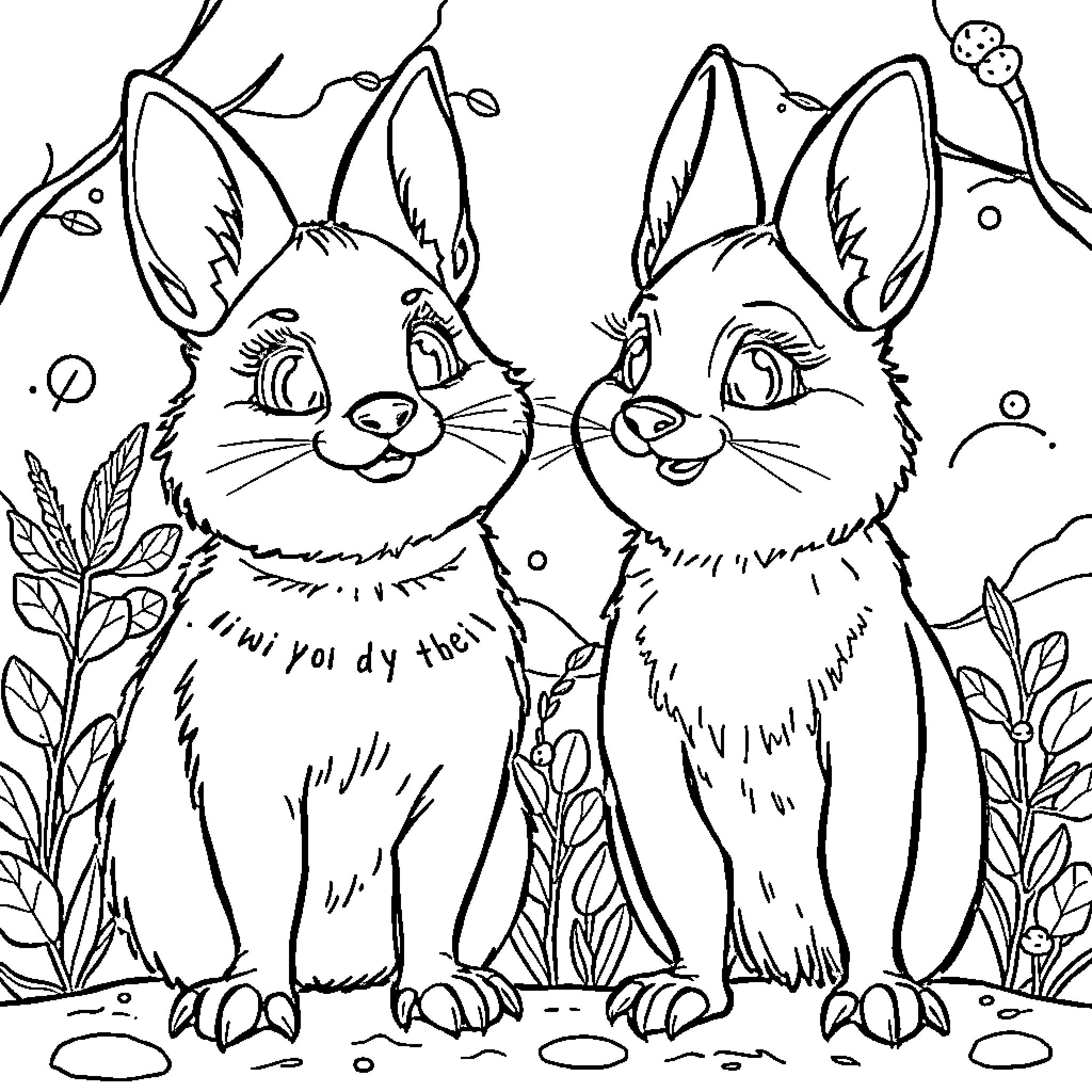 Girls Bunnies Posing Happily in Nature Coloring Page (free black-and-white line drawing printable PDF for all, from beginners to advanced learners, including children, teens, adults, and seniors)