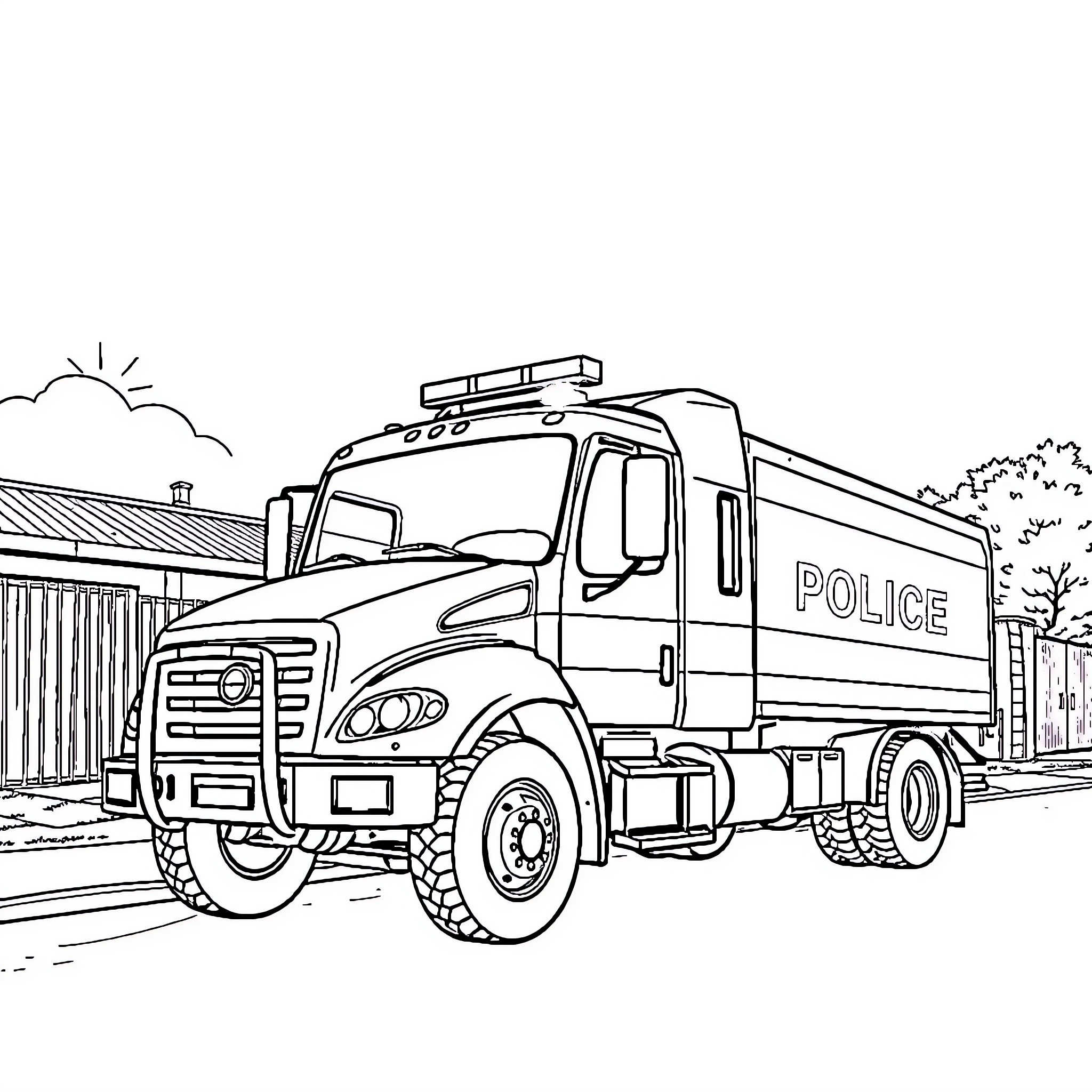 Police Truck with Emergency Lights and Equipment Coloring Page (free black-and-white line drawing printable PDF for all, from beginners to advanced learners, including children, teens, adults, and seniors)