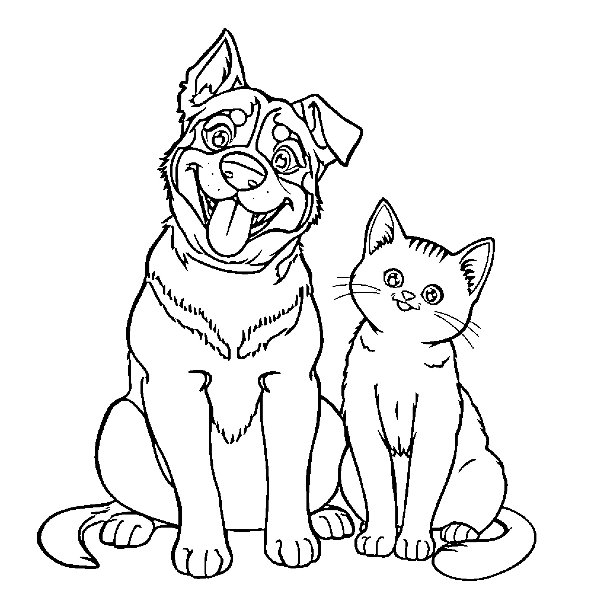 Cat and Dog Companions Sketch Coloring Page (free black-and-white line drawing printable PDF for all, from beginners to advanced learners, including children, teens, adults, and seniors)