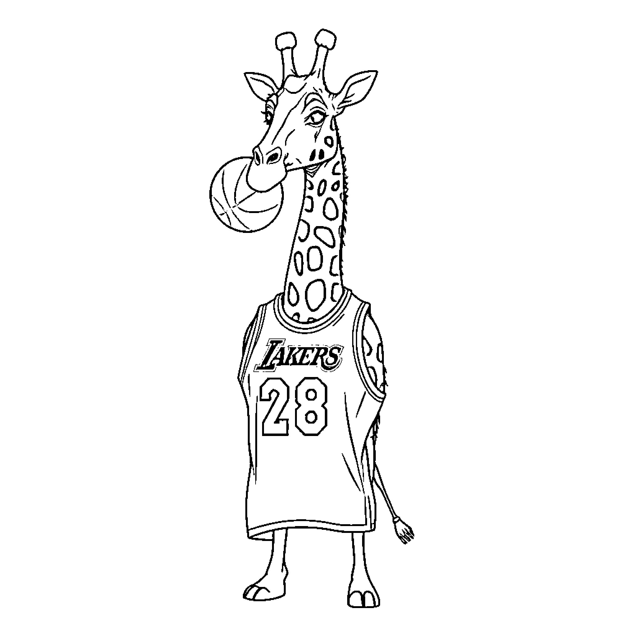 Giraffe wearing a basketball jersey Coloring Page (free black-and-white line drawing printable PDF for all, from beginners to advanced learners, including children, teens, adults, and seniors)