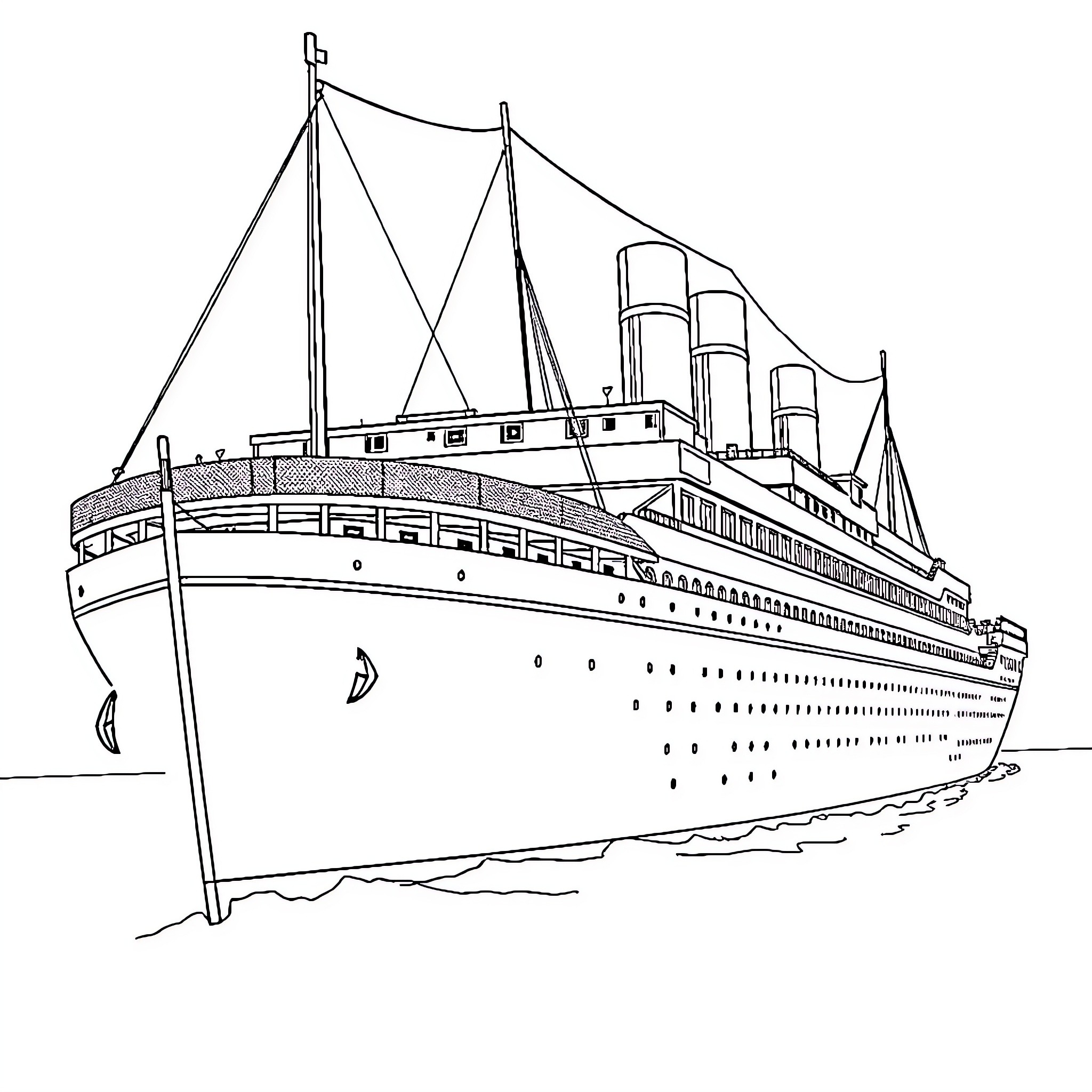 Titanic luxury liner sailing on the ocean Coloring Page (free black-and-white line drawing printable PDF for all, from beginners to advanced learners, including children, teens, adults, and seniors)