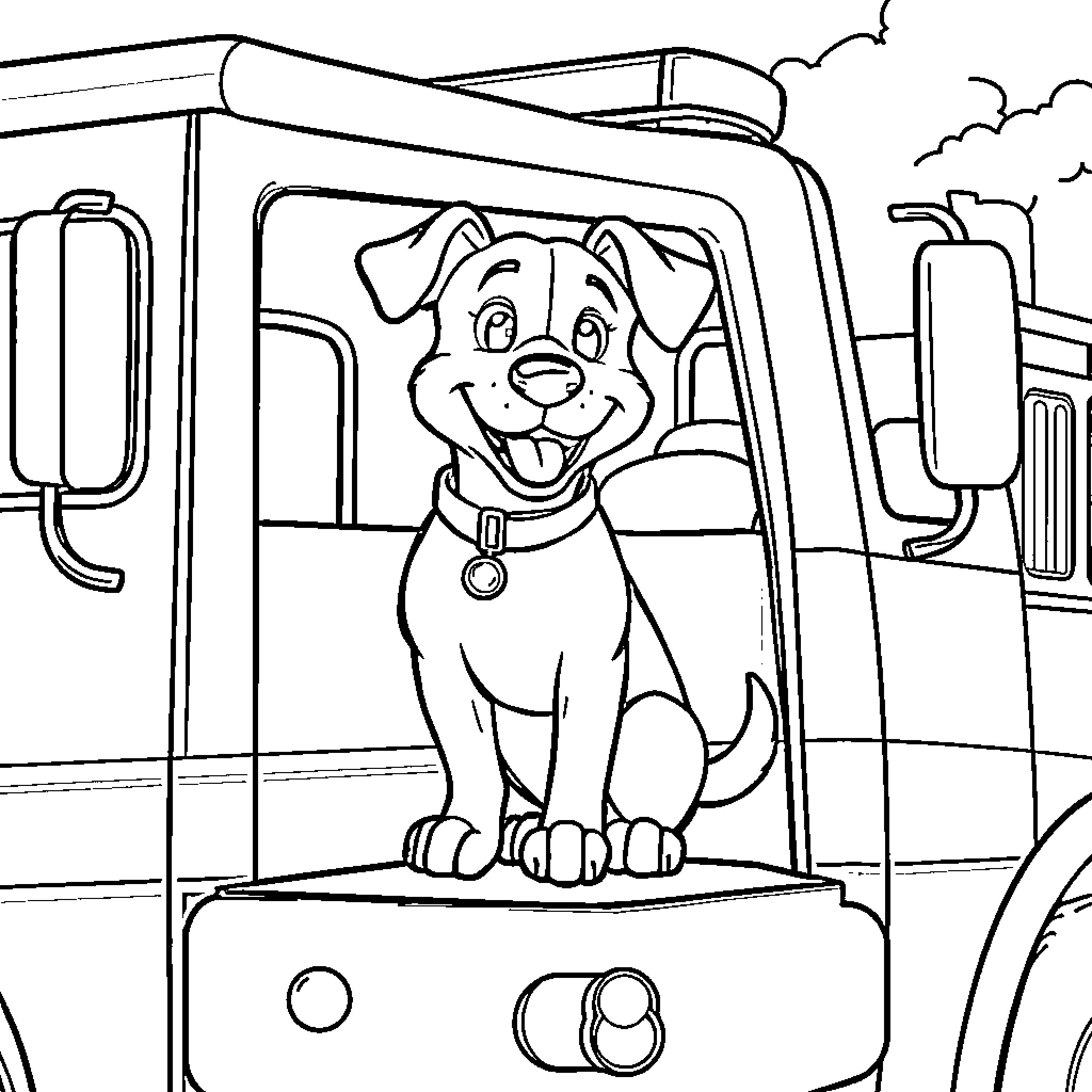 Dog riding in a vehicle on the road Coloring Page (free black-and-white line drawing printable PDF for all, from beginners to advanced learners, including children, teens, adults, and seniors)
