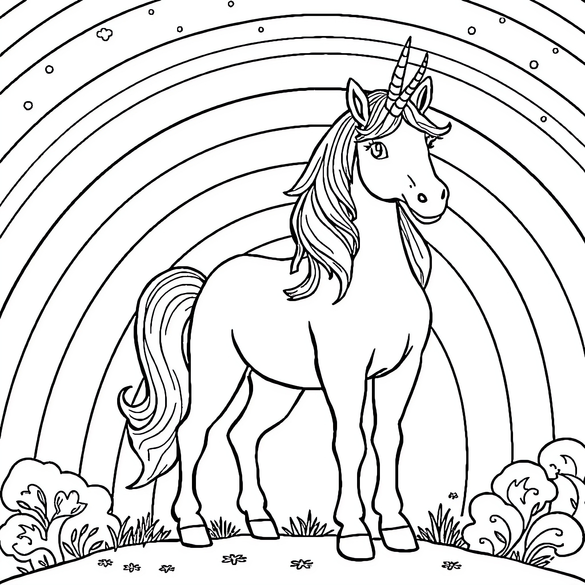 Unicorn standing proudly in a magical landscape Coloring Page (free black-and-white line drawing printable PDF for all, from beginners to advanced learners, including children, teens, adults, and seniors)