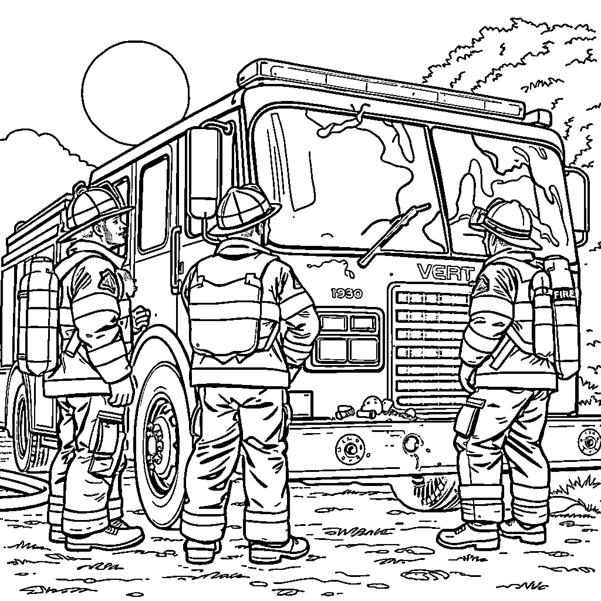 Firefighters responding to emergency situation Coloring Page (free black-and-white line drawing printable PDF for all, from beginners to advanced learners, including children, teens, adults, and seniors)