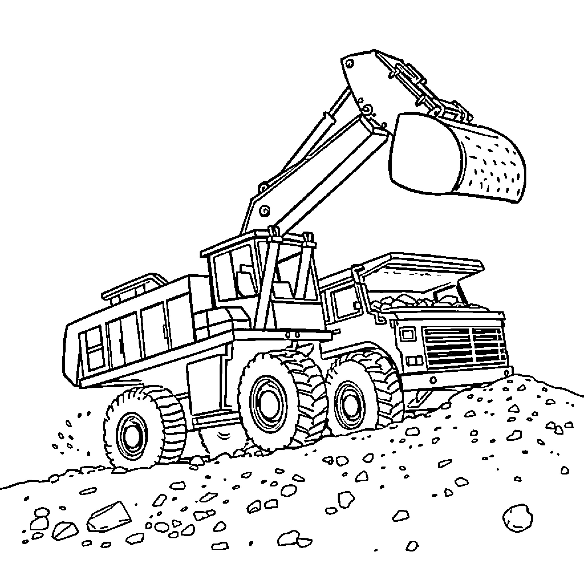Excavator digging and loading gravel on construction site Coloring Page (free black-and-white line drawing printable PDF for all, from beginners to advanced learners, including children, teens, adults, and seniors)
