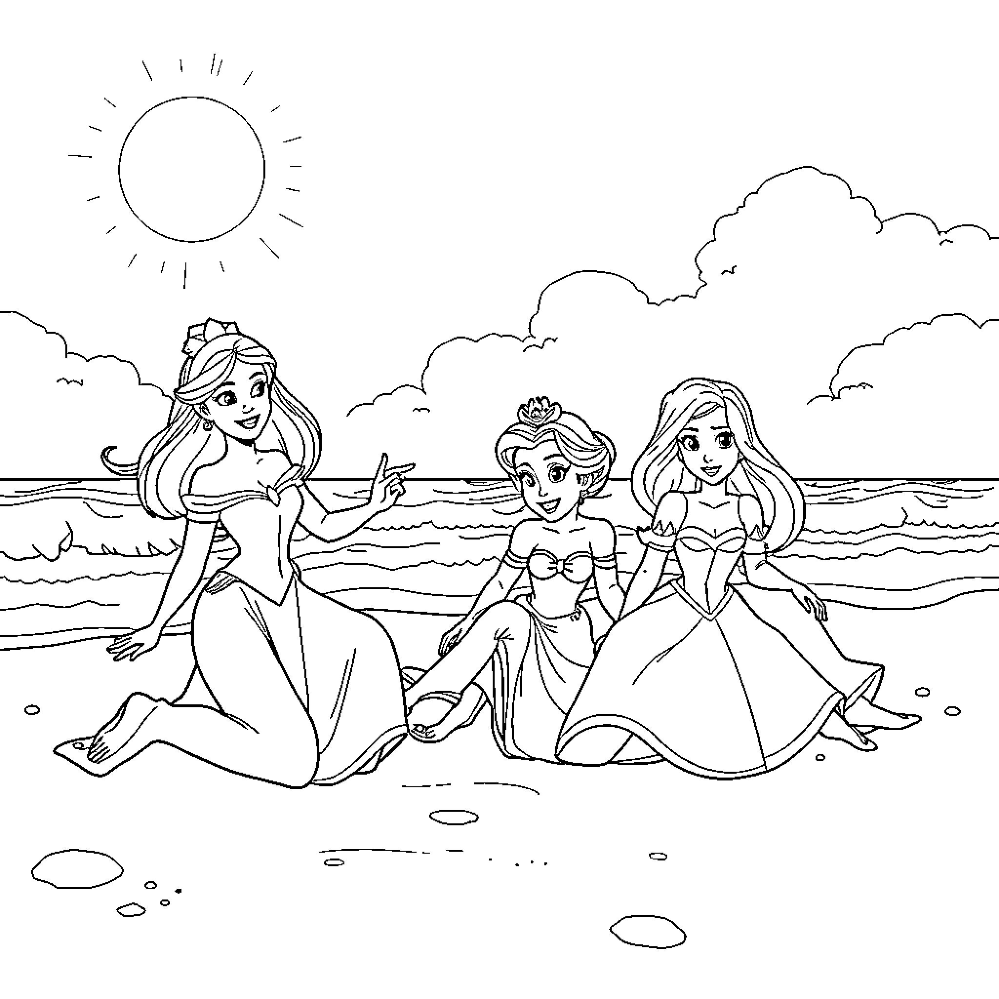 Disney Princesses relaxing on the beach Coloring Page (free black-and-white line drawing printable PDF for all, from beginners to advanced learners, including children, teens, adults, and seniors)