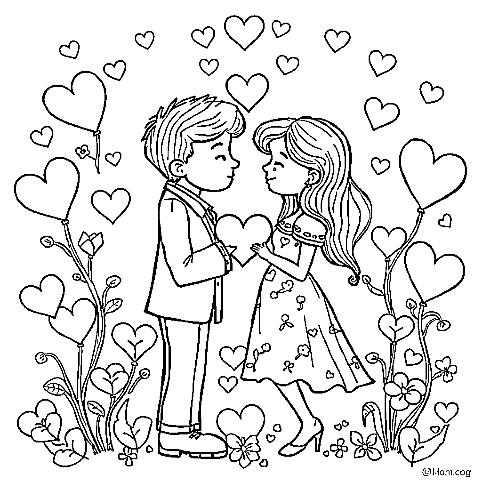 Valentine's Day Couple Embracing Amidst Hearts Coloring Page (free black-and-white line drawing printable PDF for all, from beginners to advanced learners, including children, teens, adults, and seniors)