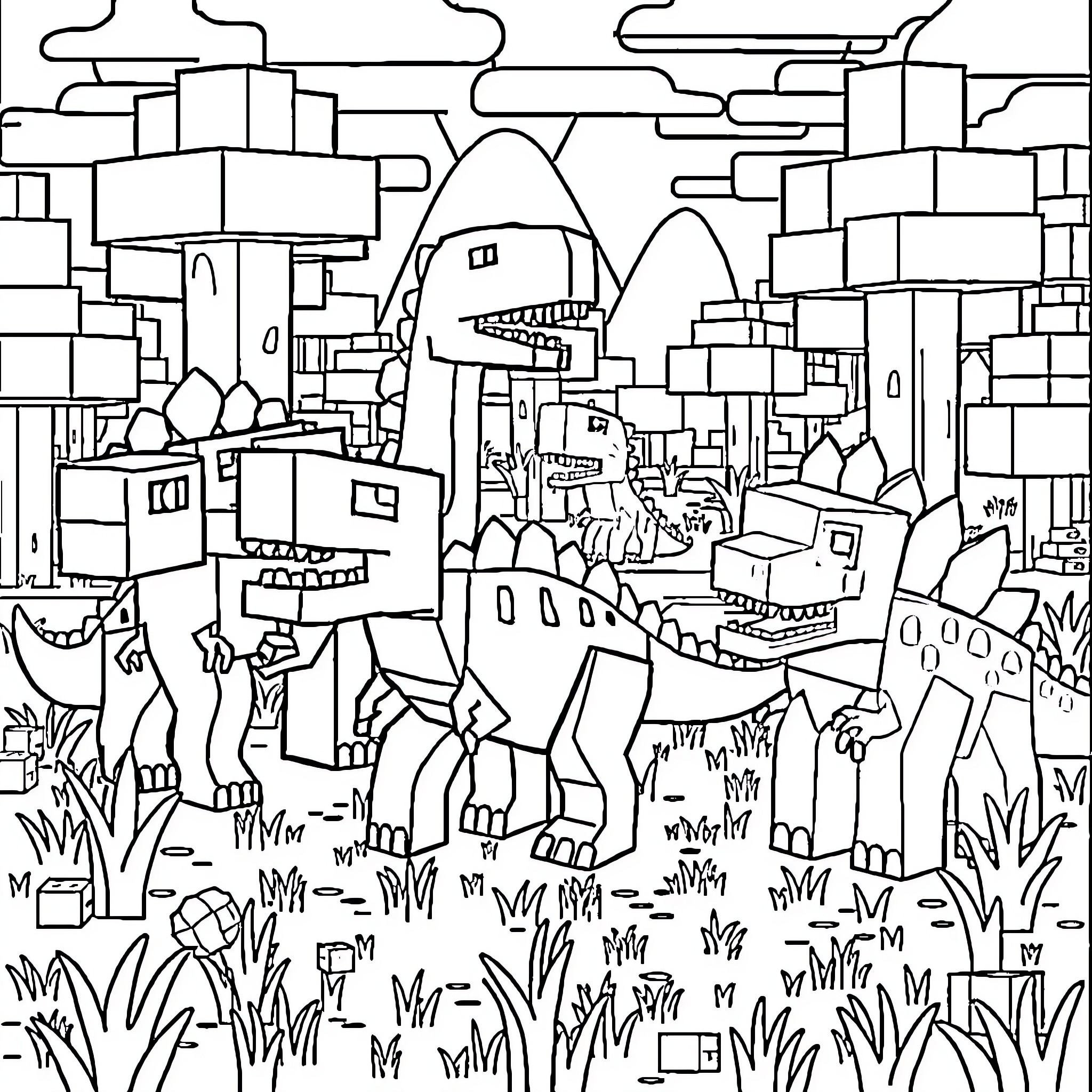 Dinosaur Roaming Through the Fantastical City Coloring Page (free black-and-white line drawing printable PDF for all, from beginners to advanced learners, including children, teens, adults, and seniors)