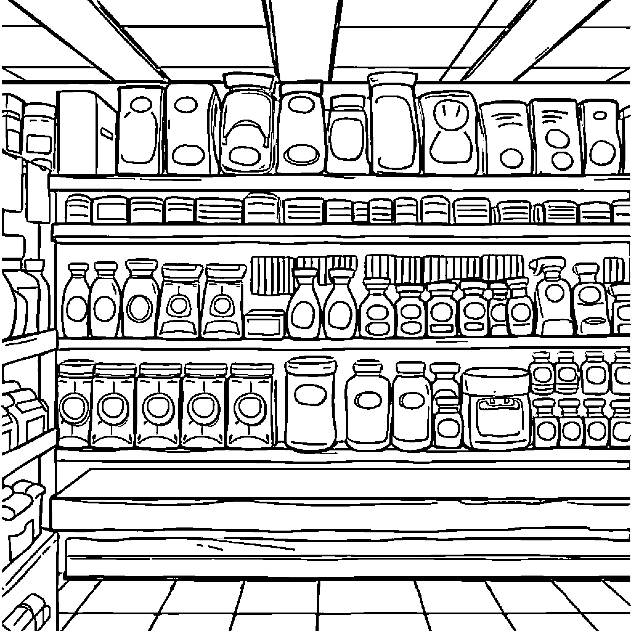 Availability of Various Packaged Goods on Shelves Coloring Page (free black-and-white line drawing printable PDF for all, from beginners to advanced learners, including children, teens, adults, and seniors)