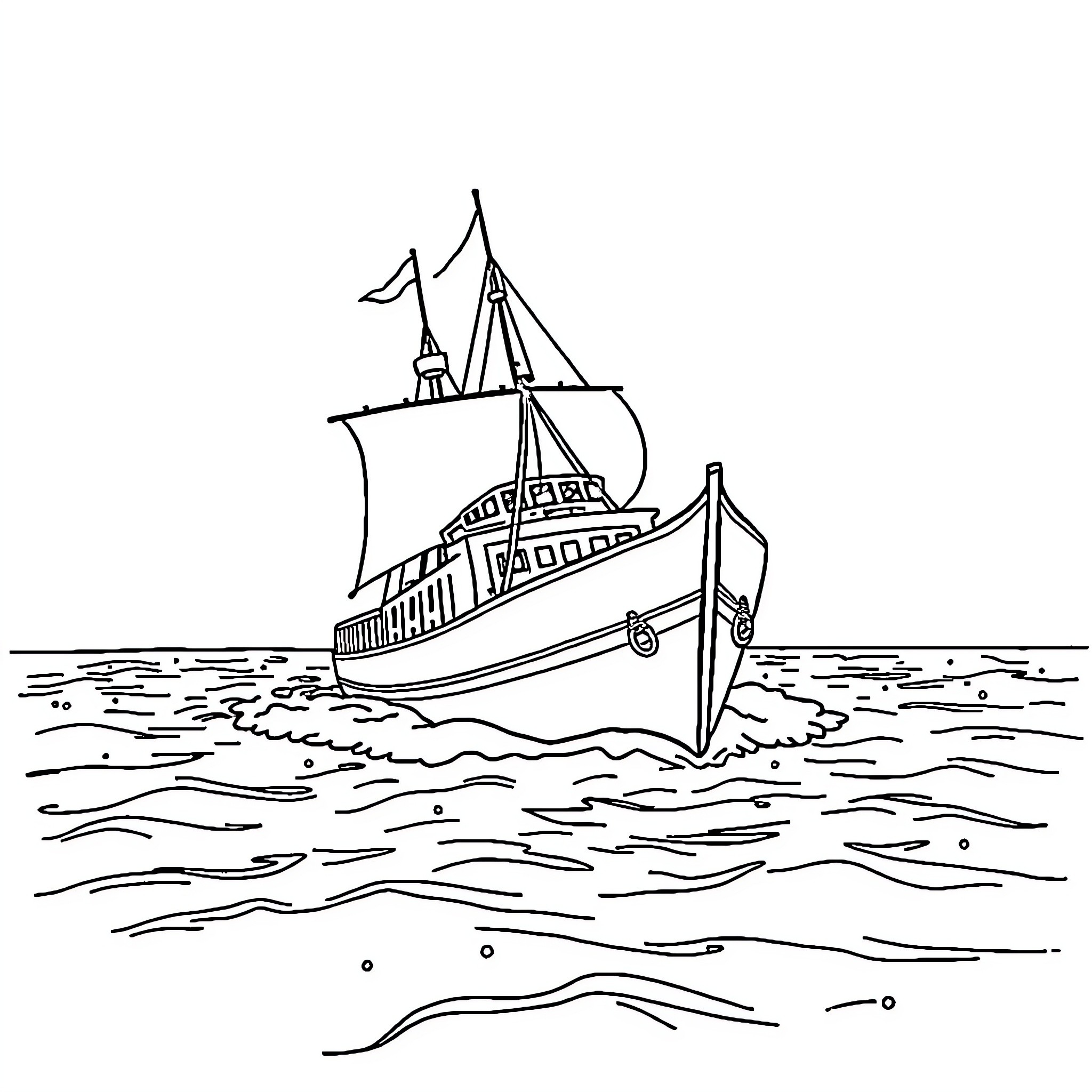 Ship sailing across the open waters Coloring Page (free black-and-white line drawing printable PDF for all, from beginners to advanced learners, including children, teens, adults, and seniors)