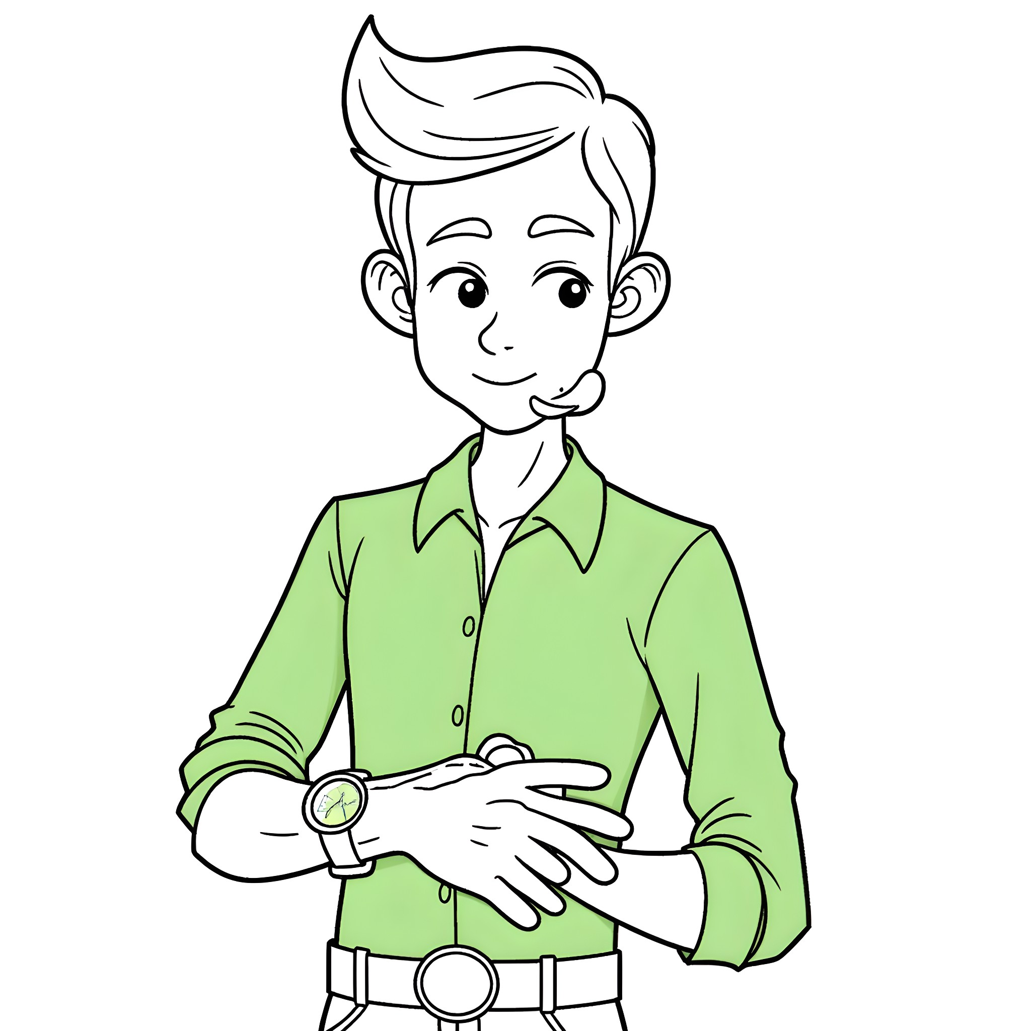 Ben 10 in his iconic green outfit and wristwatch Coloring Page (free black-and-white line drawing printable PDF for all, from beginners to advanced learners, including children, teens, adults, and seniors)