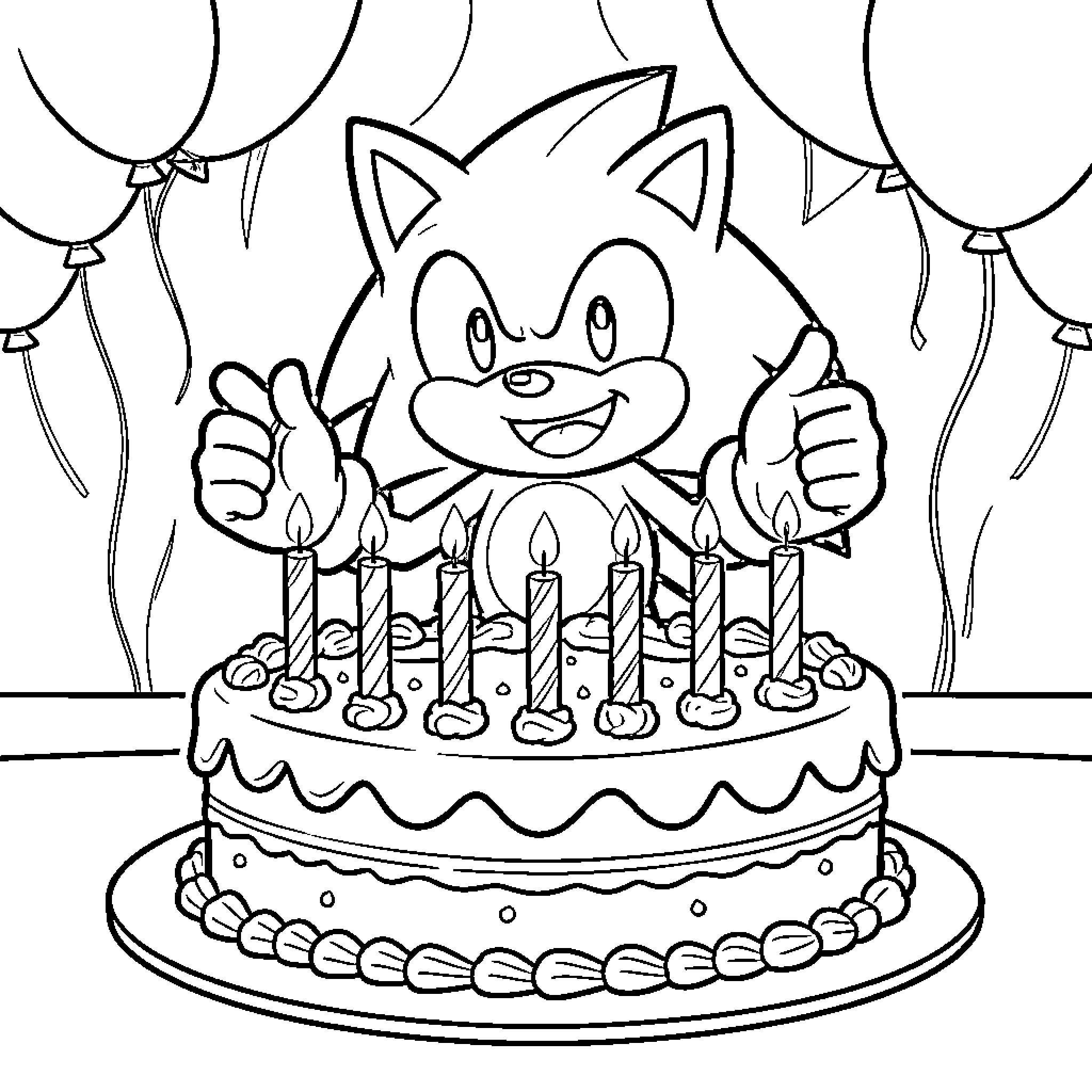 Sonic's Celebratory Birthday with Cake and Balloons Coloring Page (free black-and-white line drawing printable PDF for all, from beginners to advanced learners, including children, teens, adults, and seniors)