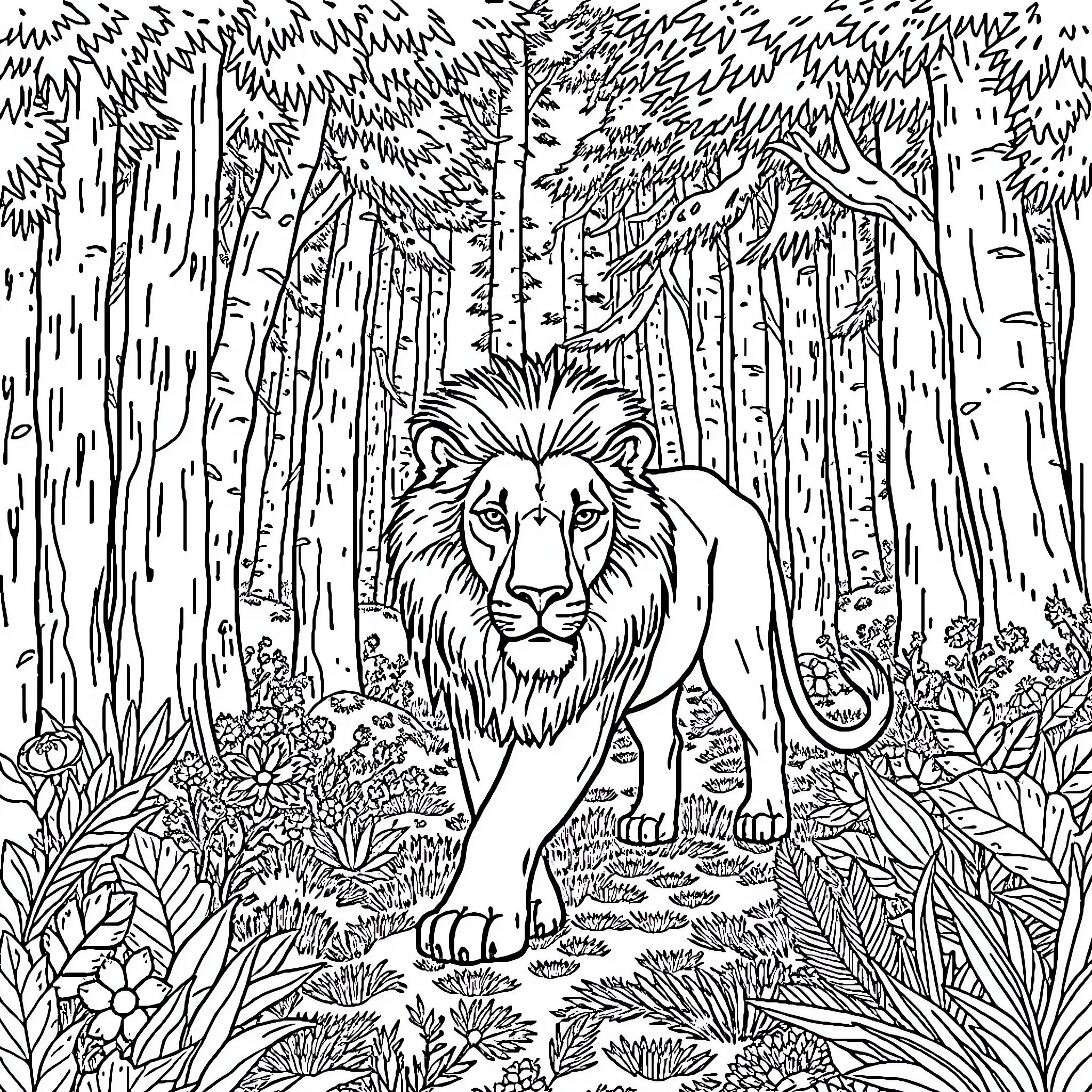 Lion standing majestically in the forest Coloring Page (free black-and-white line drawing printable PDF for all, from beginners to advanced learners, including children, teens, adults, and seniors)