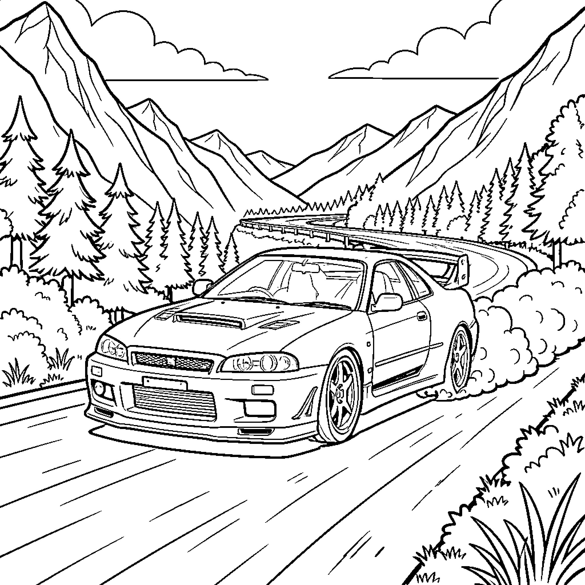 Nissan Skyline racing through scenic mountain landscape Coloring Page (free black-and-white line drawing printable PDF for all, from beginners to advanced learners, including children, teens, adults, and seniors)