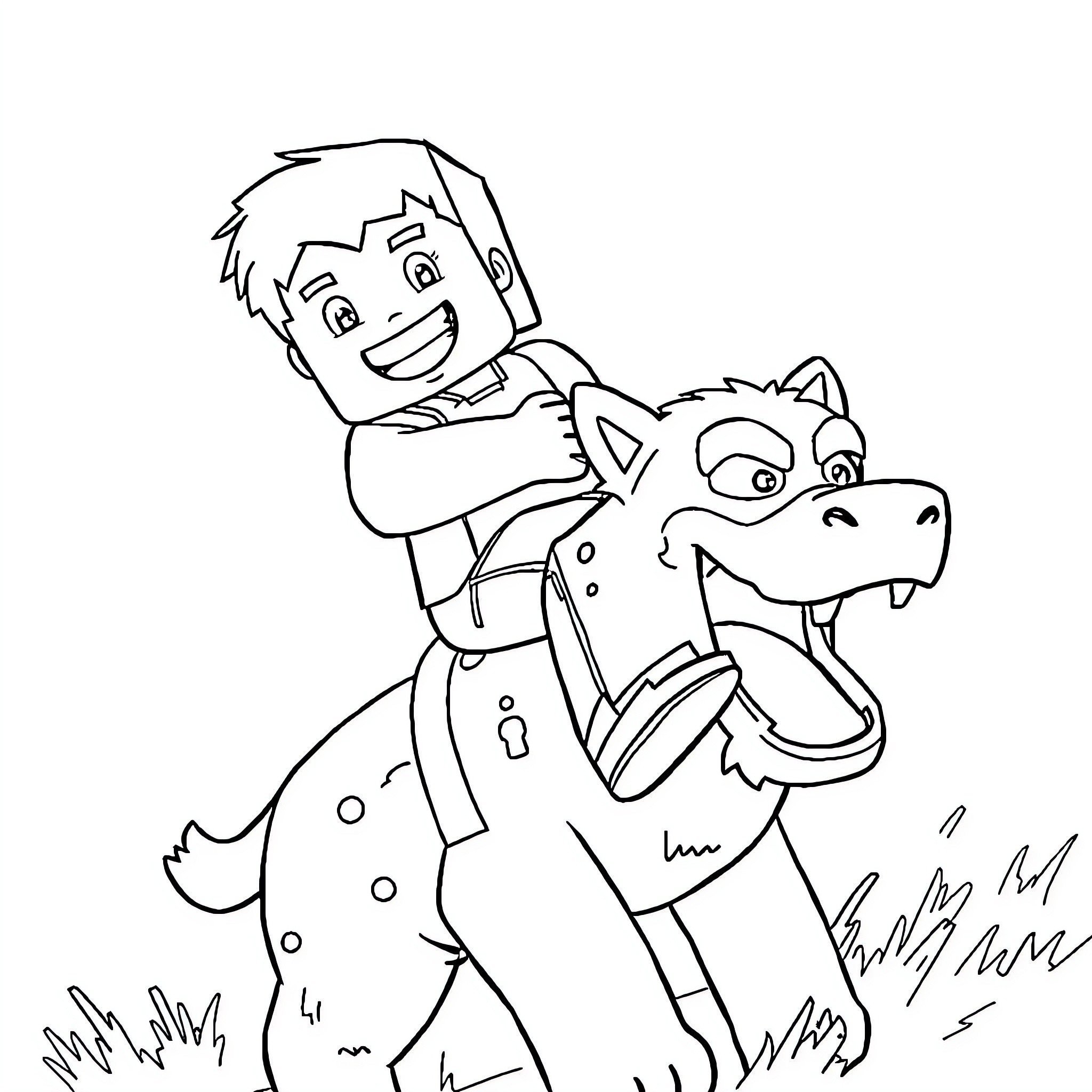 Steve riding a friendly dragon in the field Coloring Page (free black-and-white line drawing printable PDF for all, from beginners to advanced learners, including children, teens, adults, and seniors)